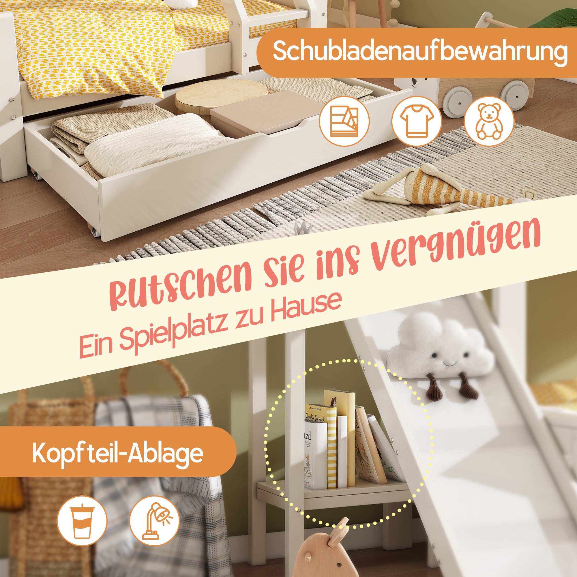 Bunk Bed, 90x200 & 140x200cm, House Loft with Drawer & Slide, Log Cabin Design