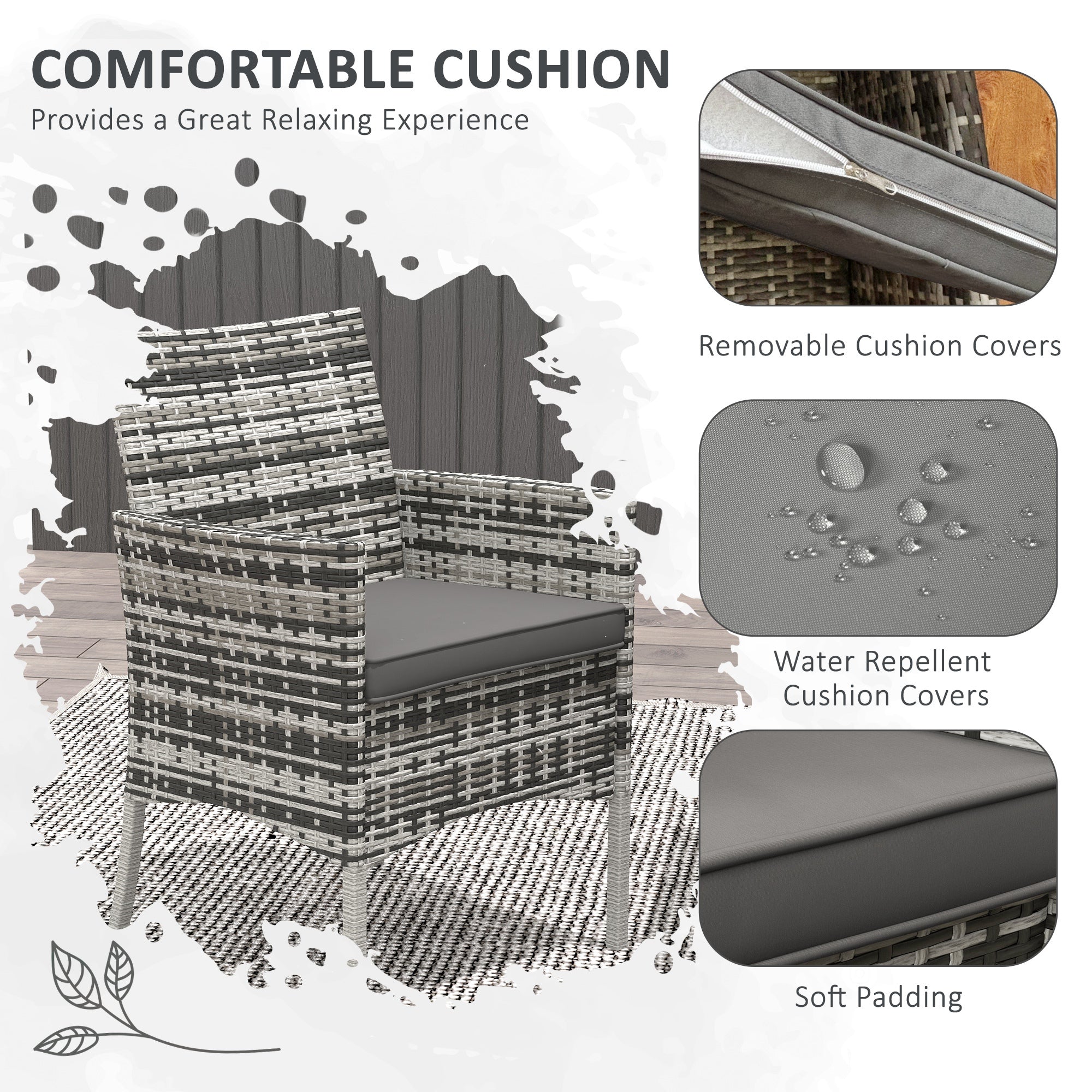 Five-Pieces Dining Set 4 Armchairs Tempered Glass Table Rattan Mixed Grey