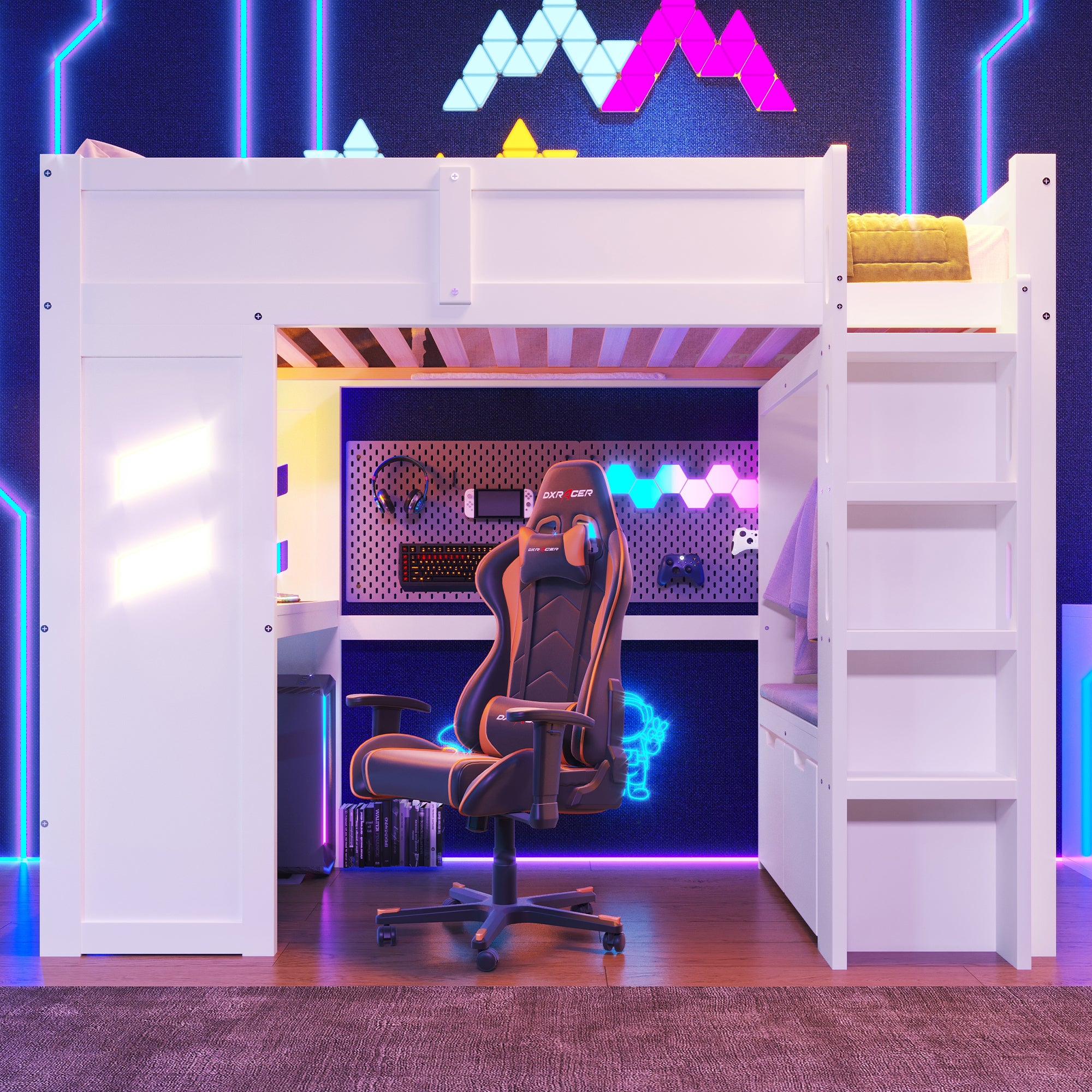 Loft Bed 90x200cm Gaming Desk LED Lights USB/Type-C, White