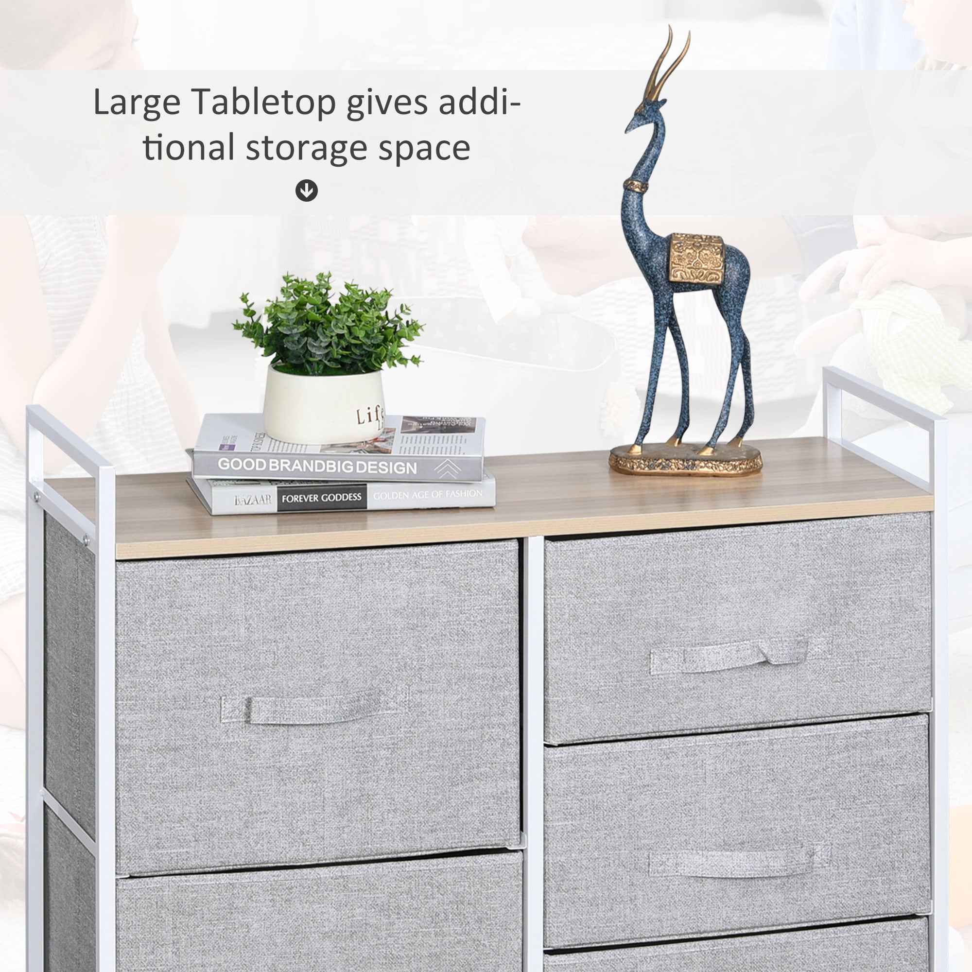 5 Drawer Storage Unit w/ Shelf Handles Metal Frame Adjustable Feet Linen Grey