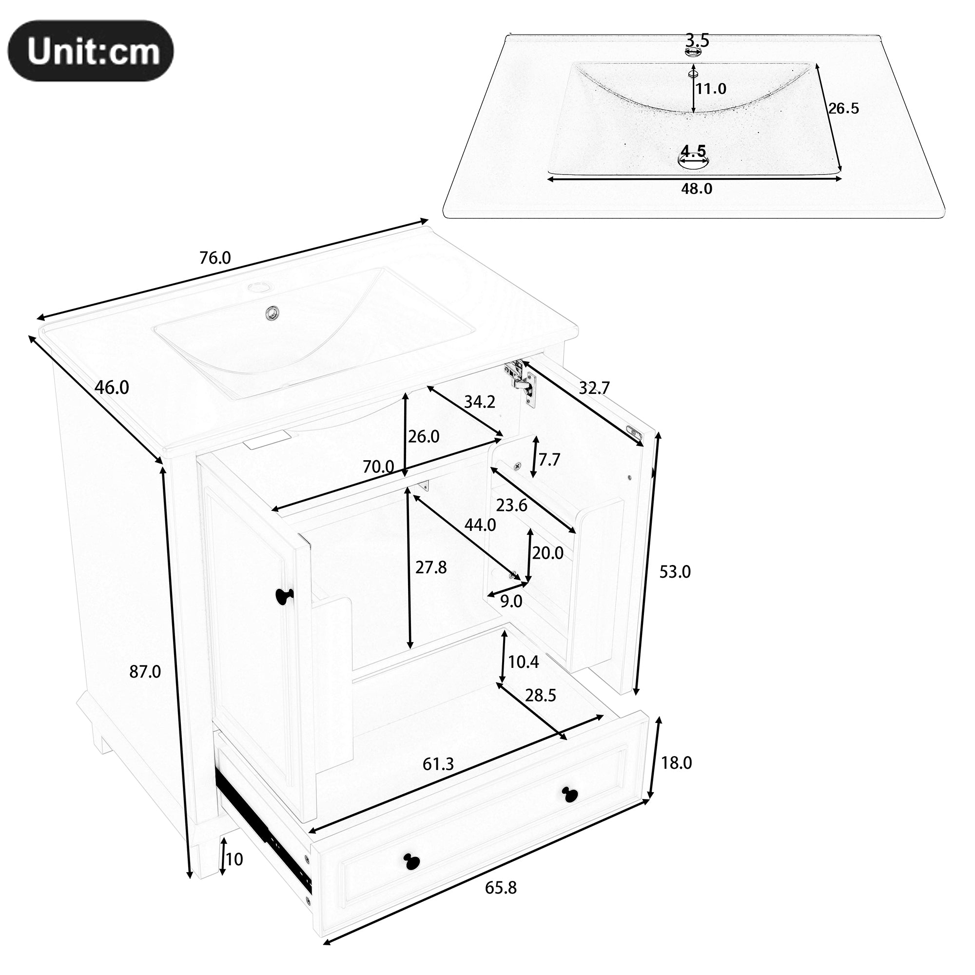 Bathroom Vanity Unit with Ceramic Sink and Solid Wood Legs, White and Black