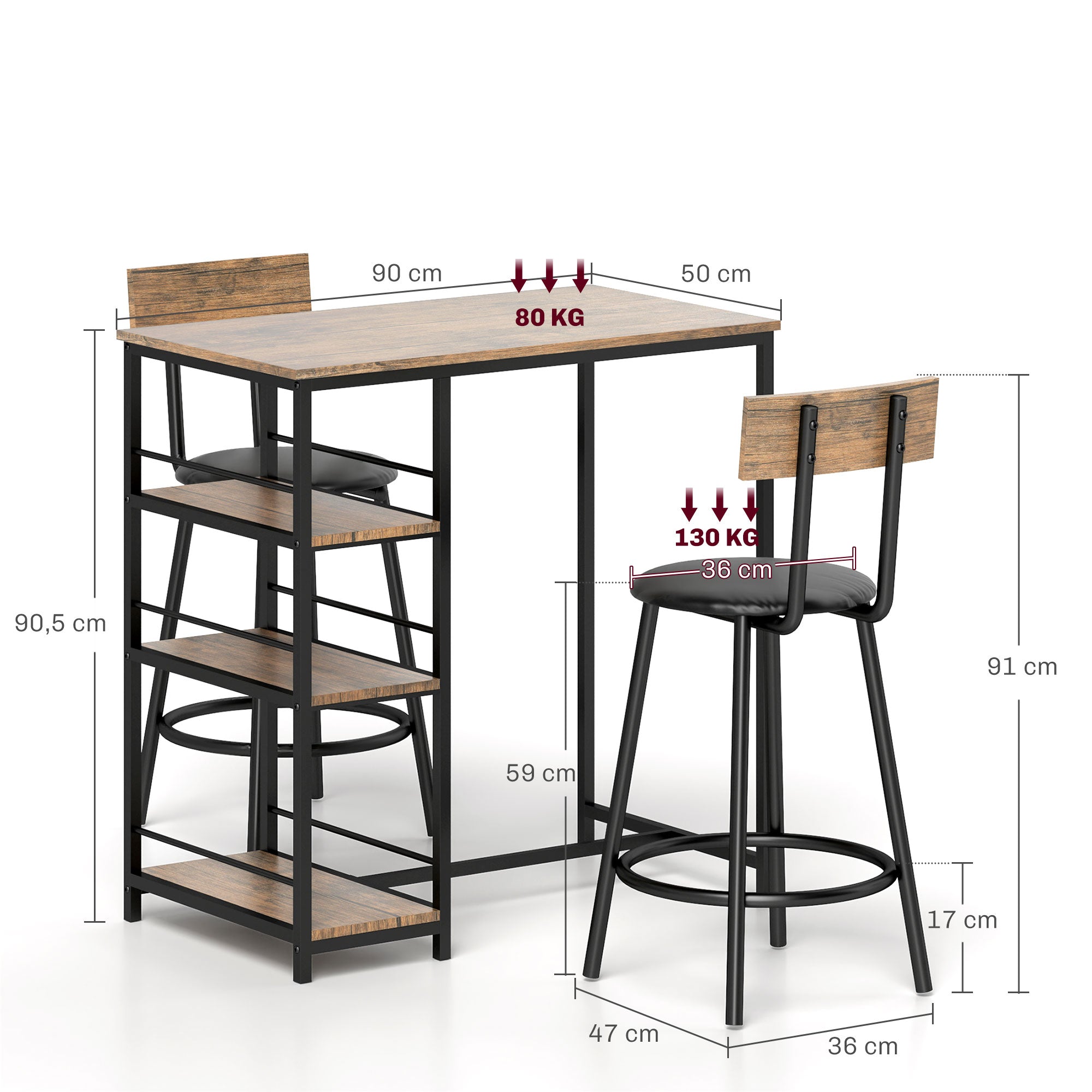 Bar Table with Bar Stool Set, 3-Piece, 3 Shelves, 2 Stools, Modern Style, Steel/Oak