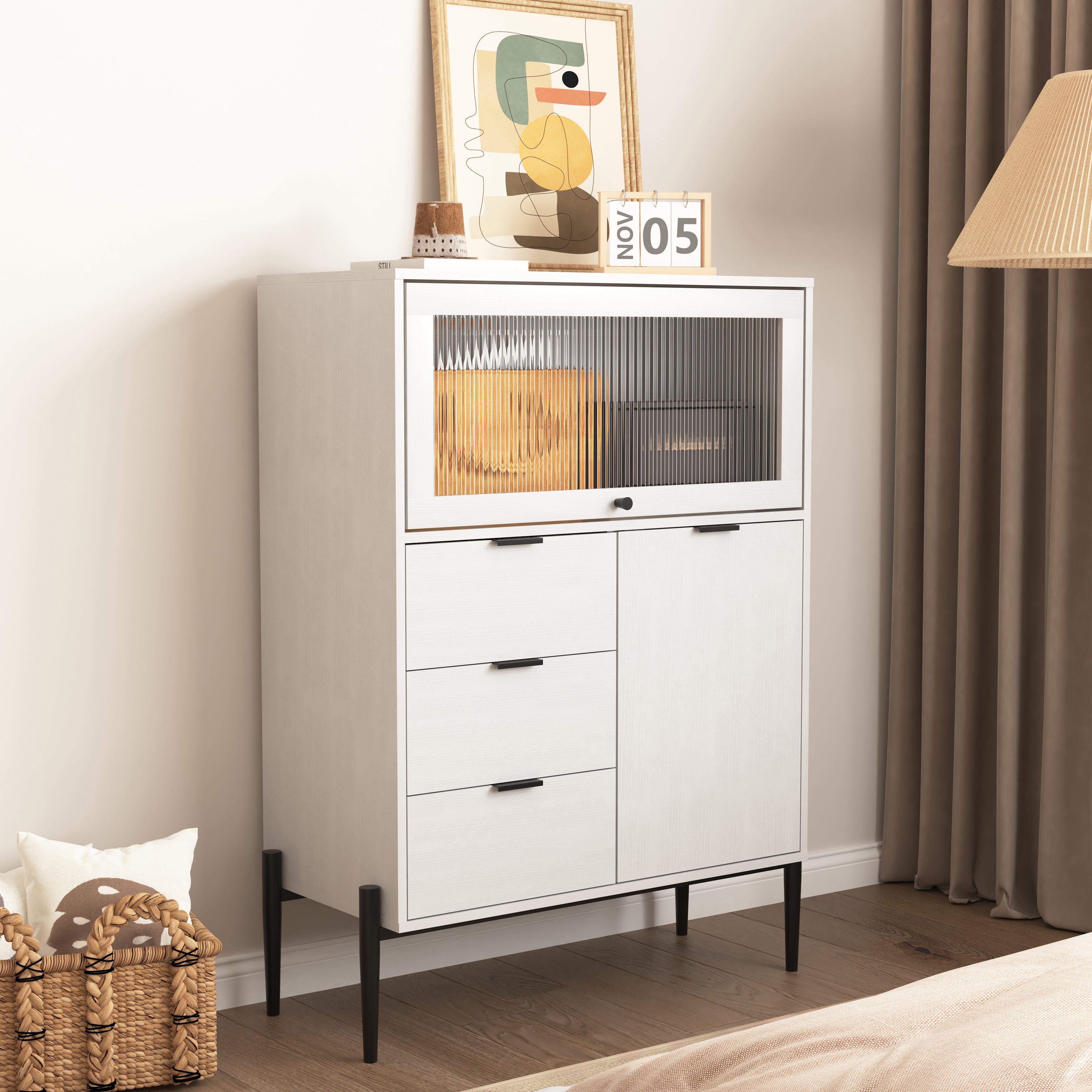 Sideboard with 3 Drawers 1 Glass Door Storage 85x40x120cm - Wooden