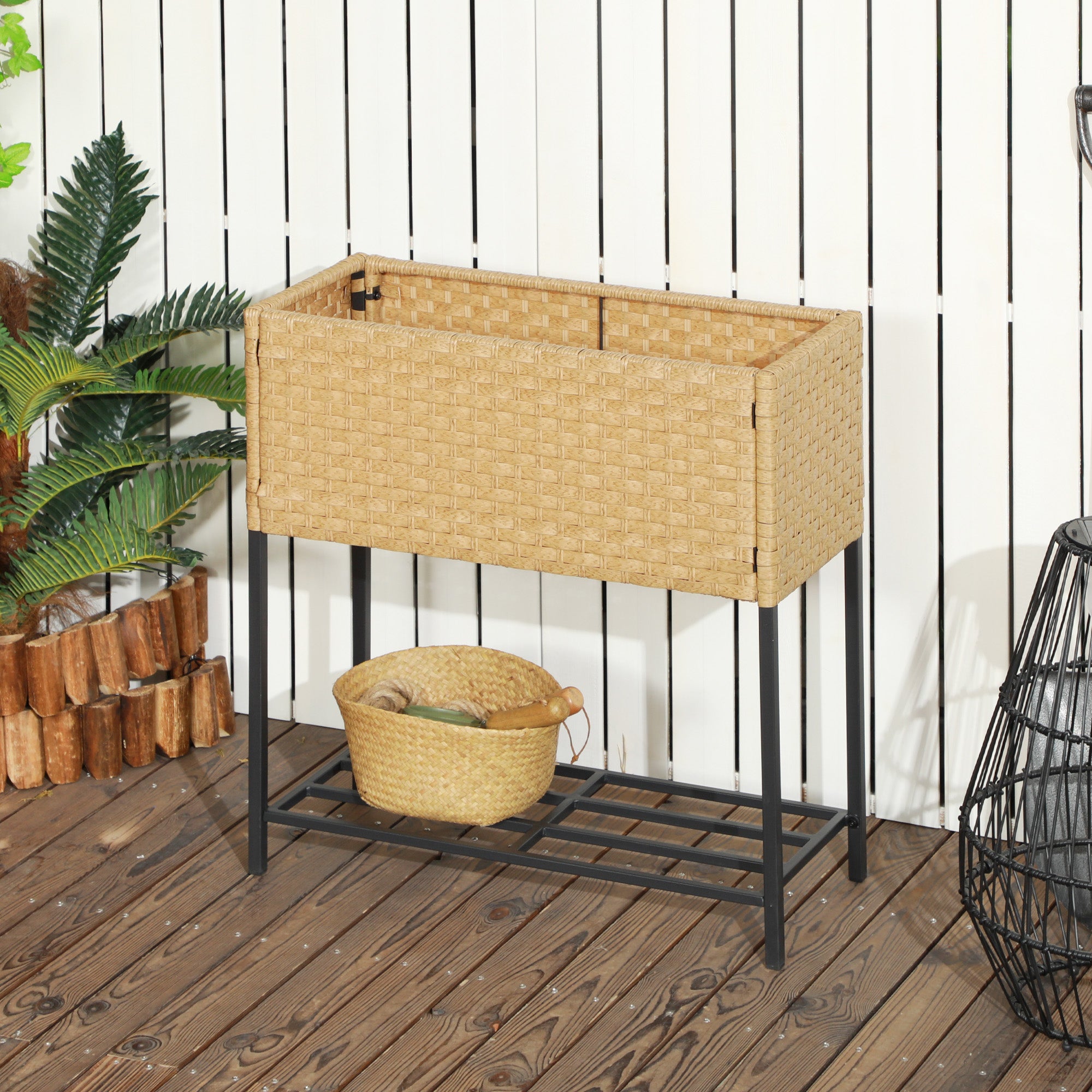 Raised Bed Flower Box, with Feet & Shelf, 70x30x72 cm, Poly Rattan, Sand-Colored