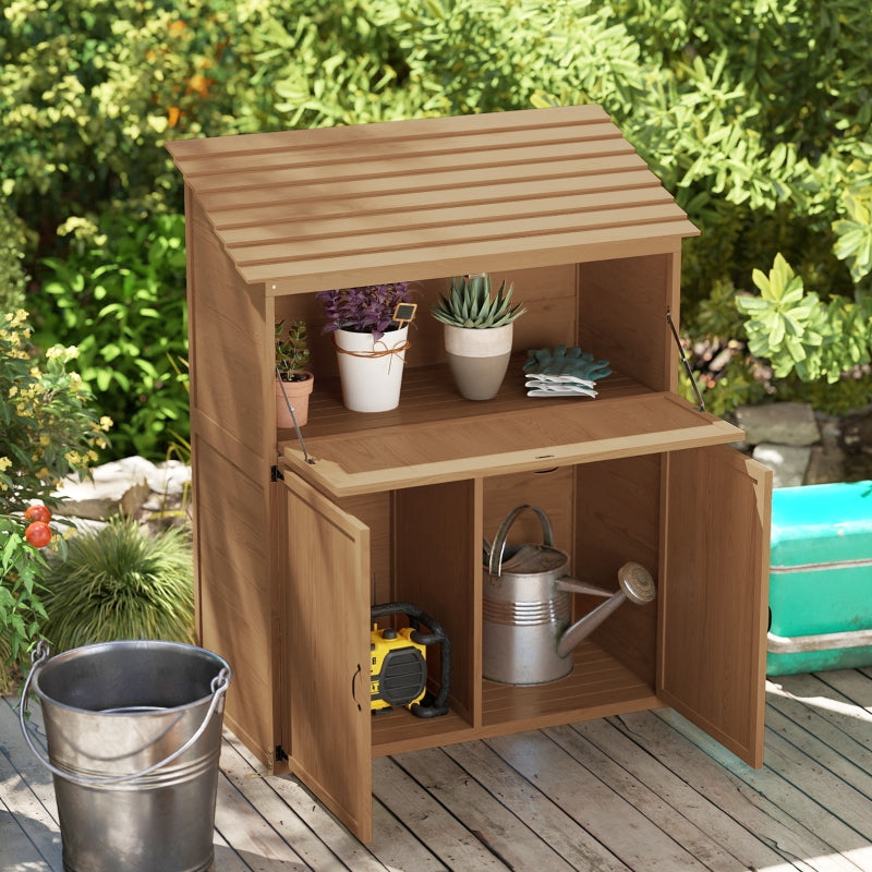 Garden Cabinet, Tool Shed with Folding Shelf & Double Doors, Natural Wood