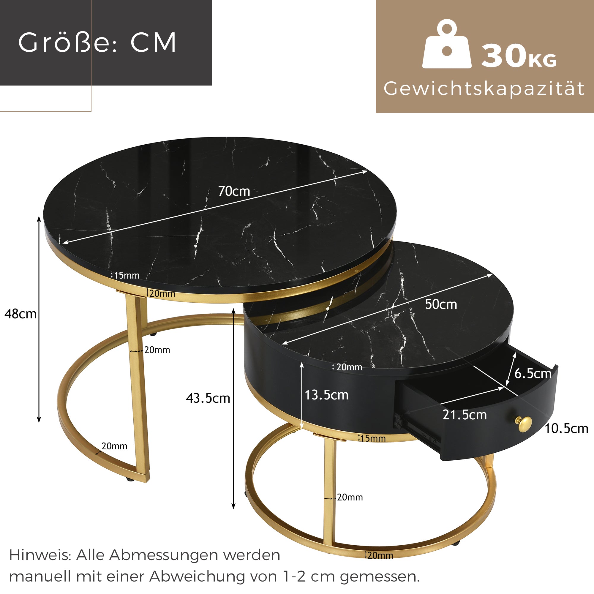 Modern Nesting Coffee Table, Set of 2 Round Side Tables with High Gloss Marble Pattern, Black MDF