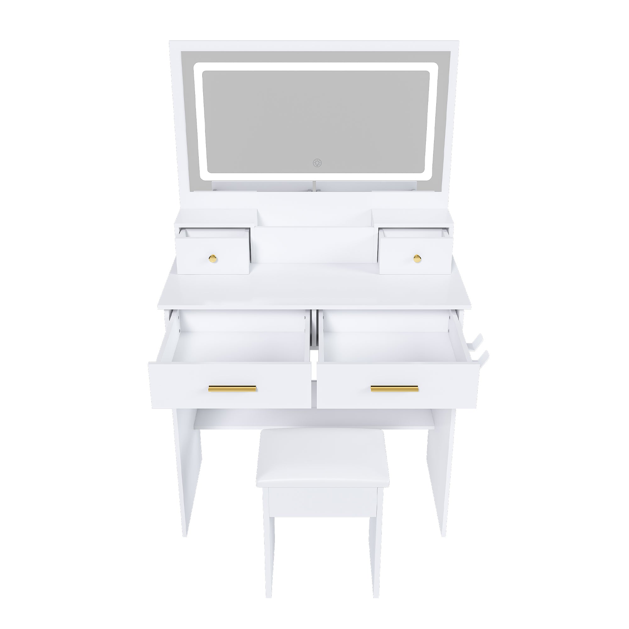 Dressing Table with XXL Mirror, Stool, 4 Drawers, LED Light - White