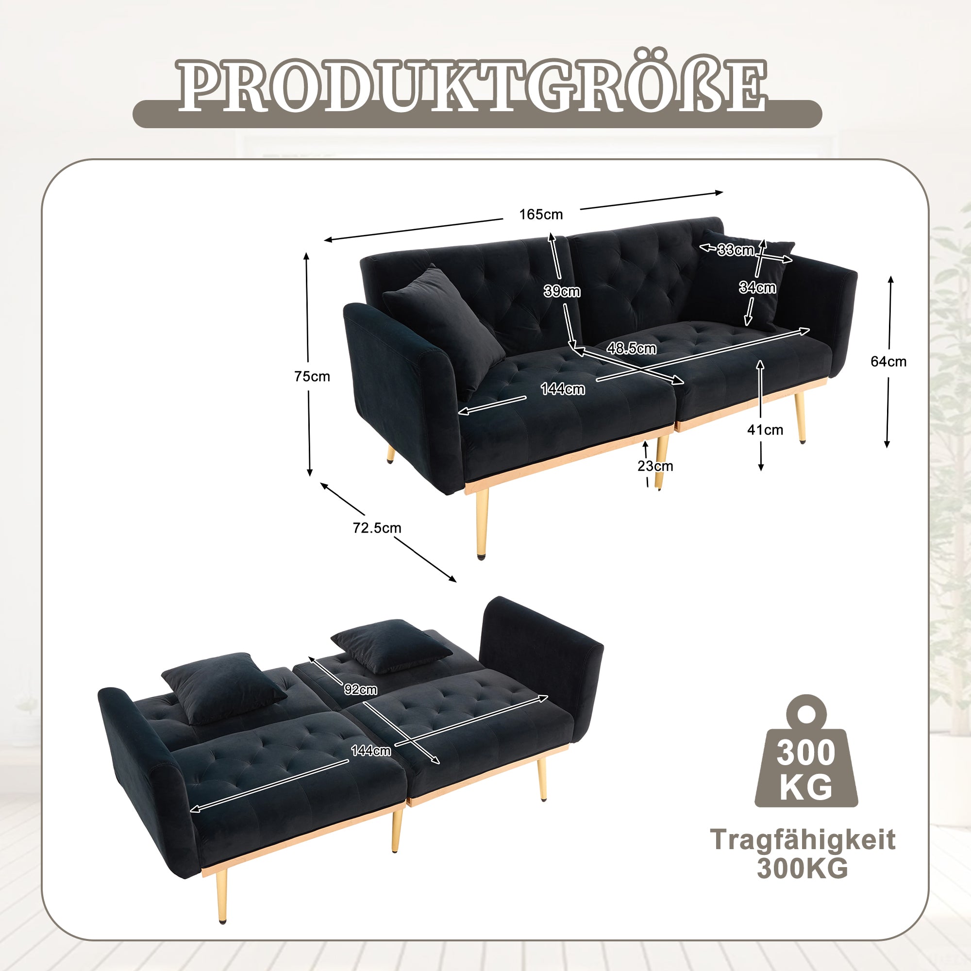 Loveseat, 2-Seater Sofa Bed with Adjustable Backrest, Black Velvet