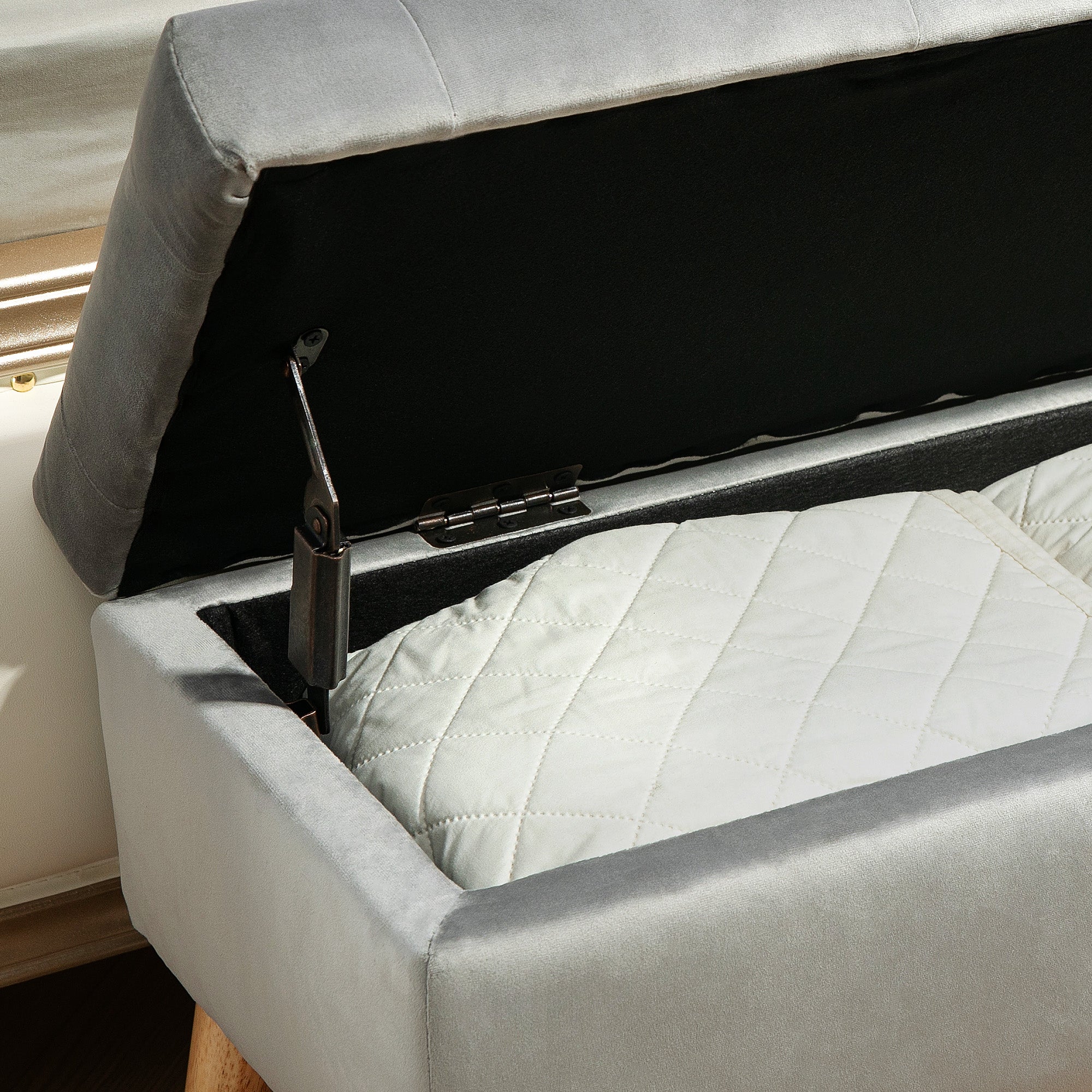 Storage Bench, Upholstered Velvet Look Bed Bench with Lid, Rubberwood Grey