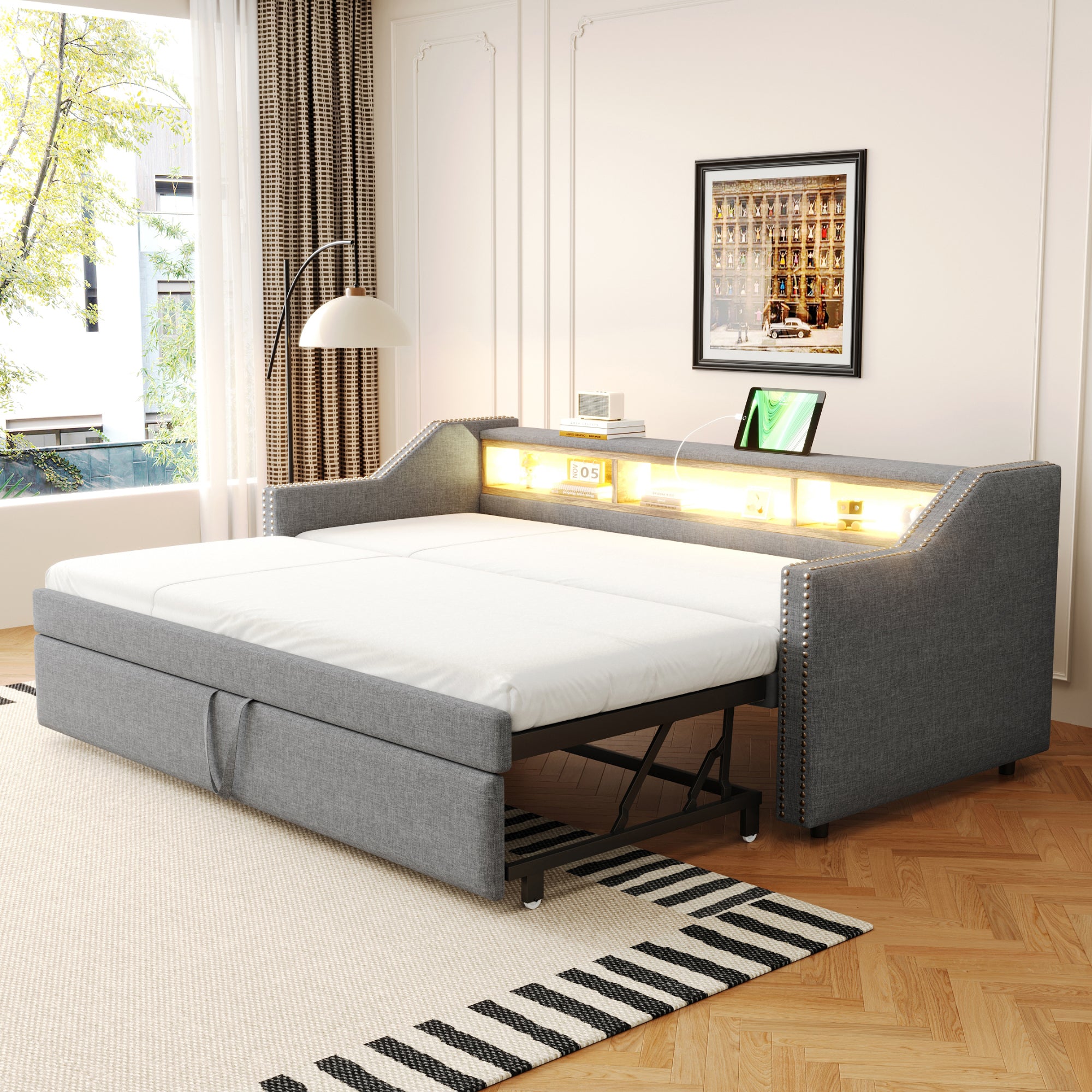 Upholstered Bed Pull-out Sofa Bed 90/180 x 190 cm with Storage, LED, USB, Slatted Frame, Light Grey