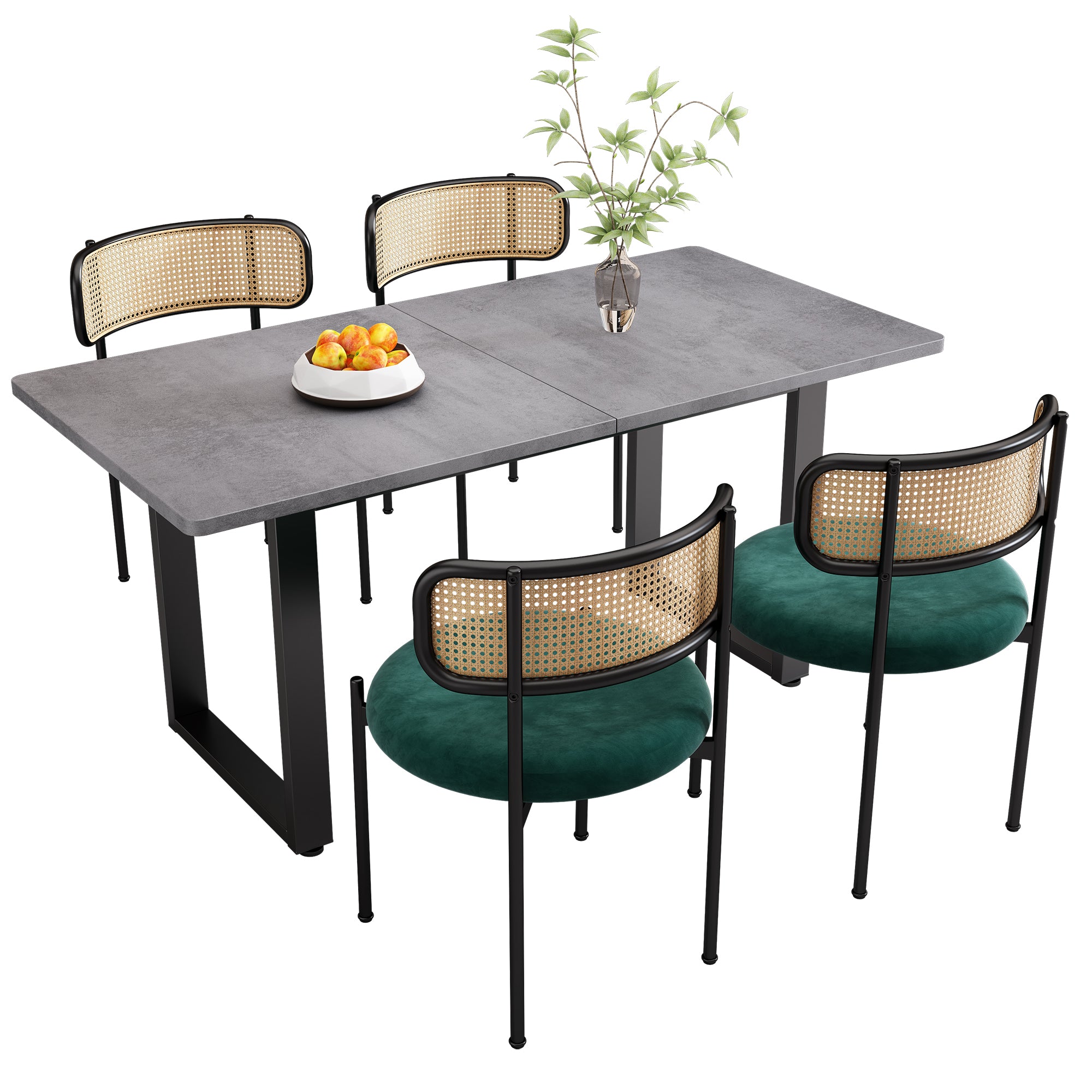 Dining Table and Chair Set, 5-Piece, 4 Velvet Dining Chairs & 1 Rectangular Table, Grey + Green + Black