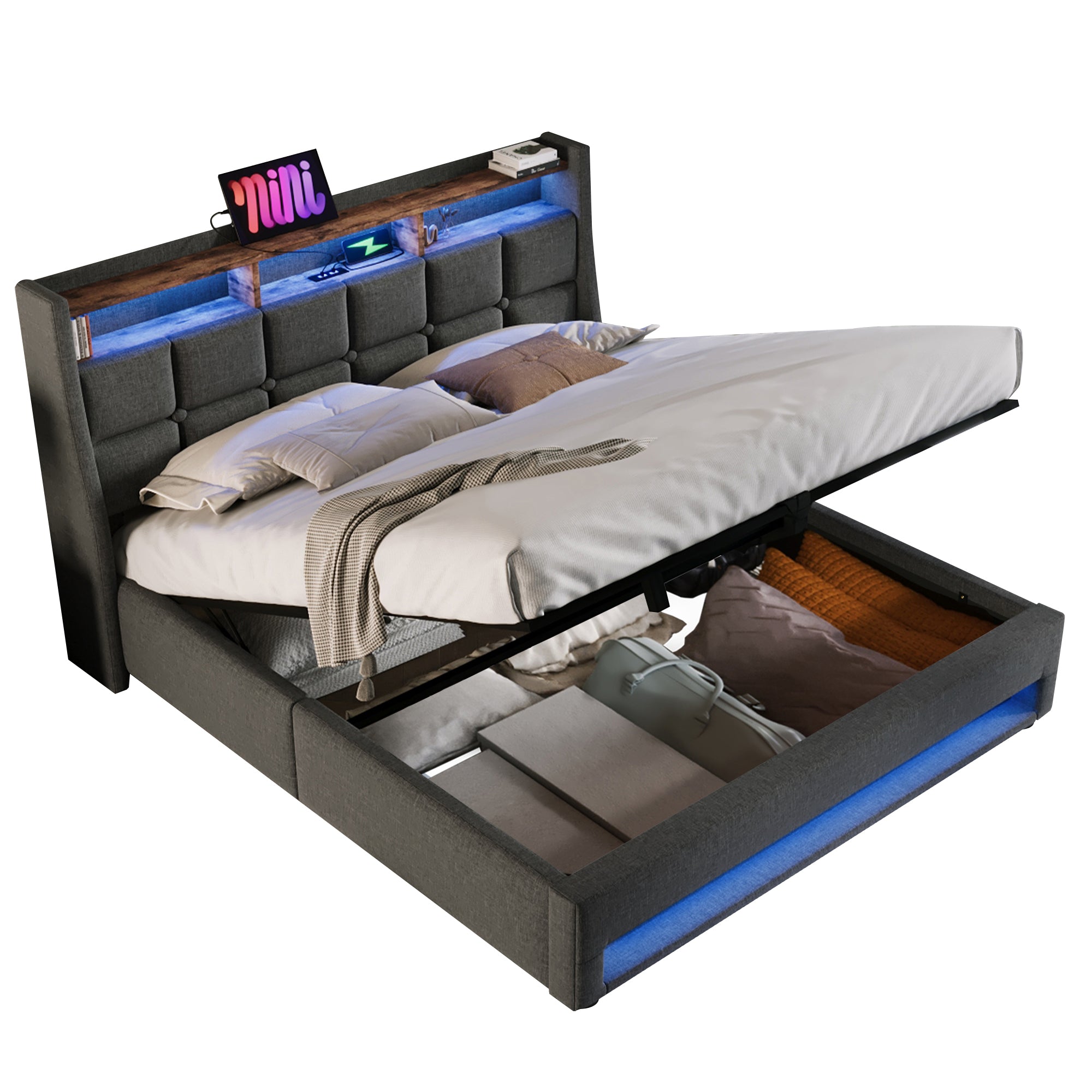 Upholstered Double Bed with LED Lighting, USB-C Charging, Storage Headboard, 6FT Super King Size, Linen, Grey