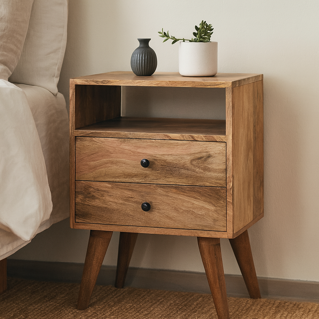 Classic Bedside: 2 Drawers, 1 Open Slot - Solid Wood Brown