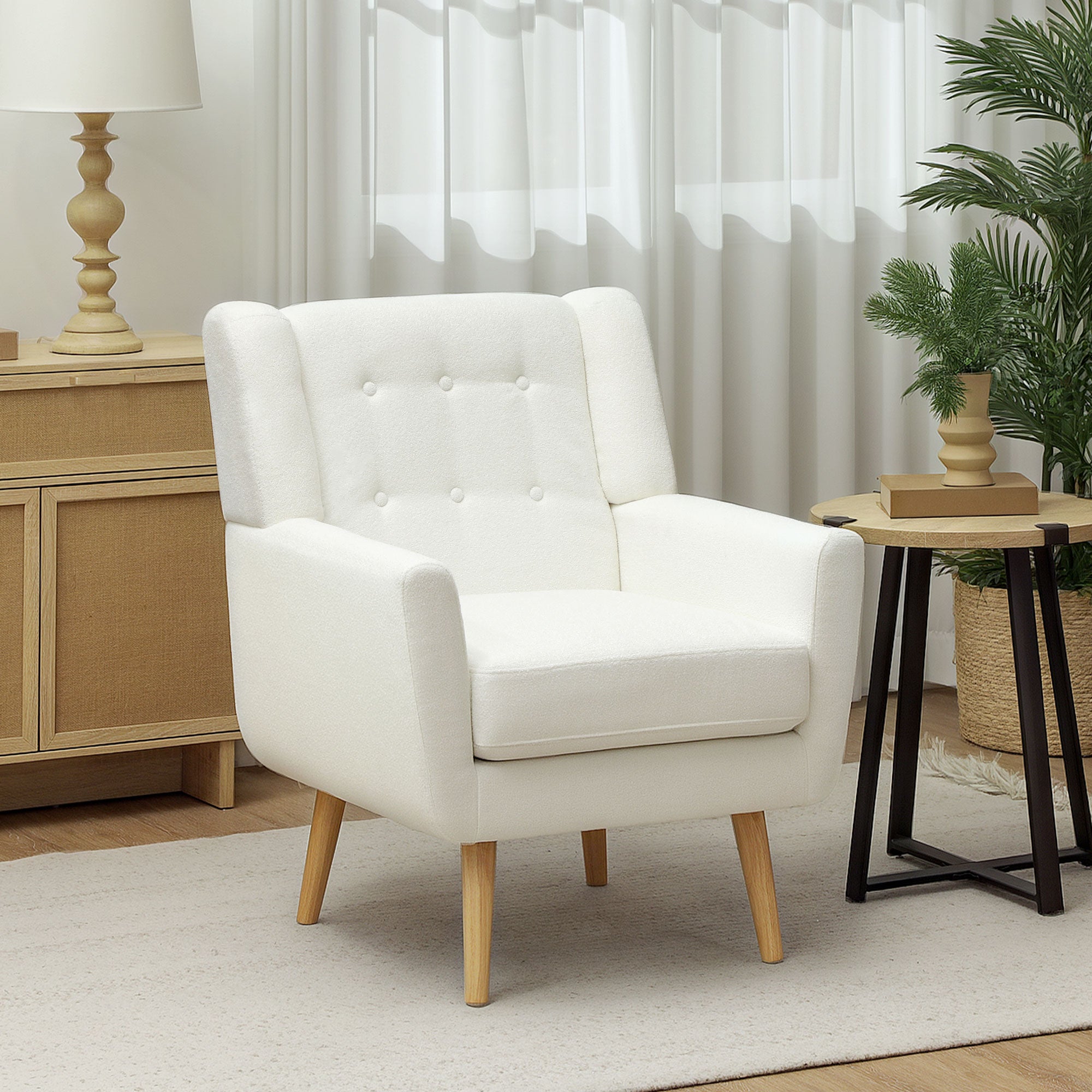 Armchair Tufted Lounge Chair with Teddy Fleece, White