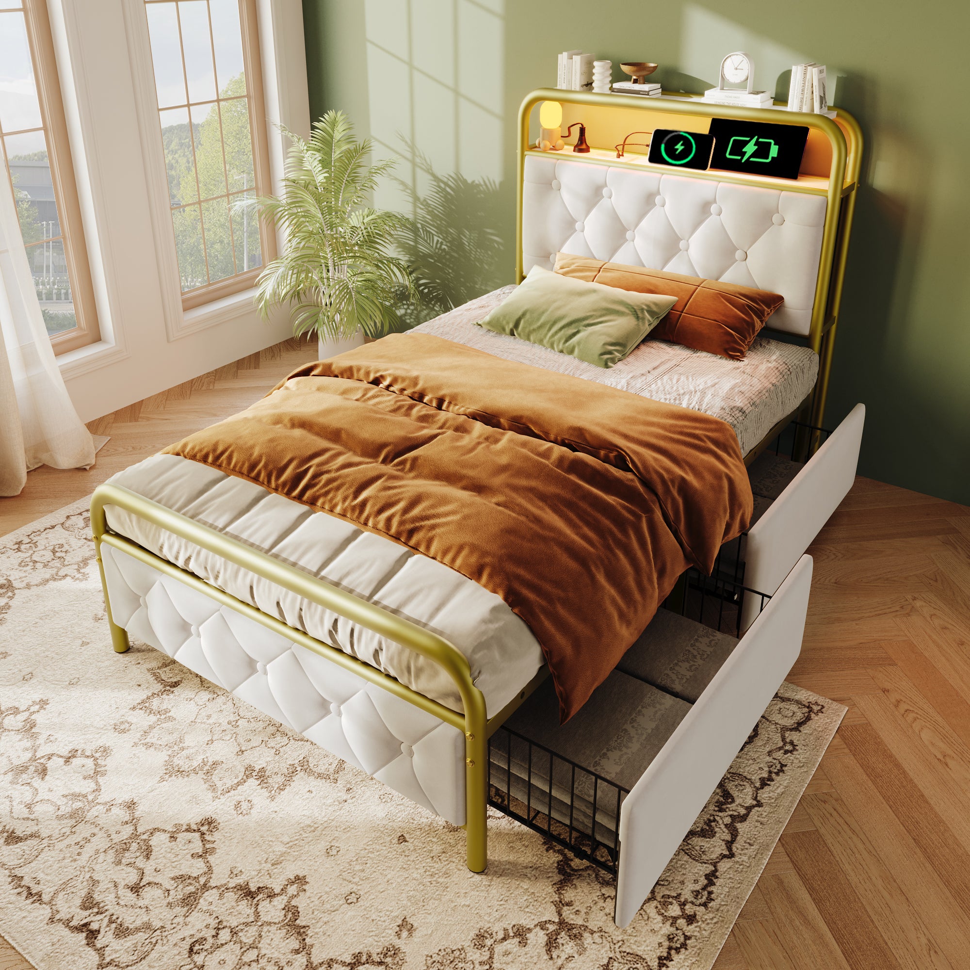 Upholstered Single Bed with USB-C Charging, LED & 2 Drawers, Velvet
