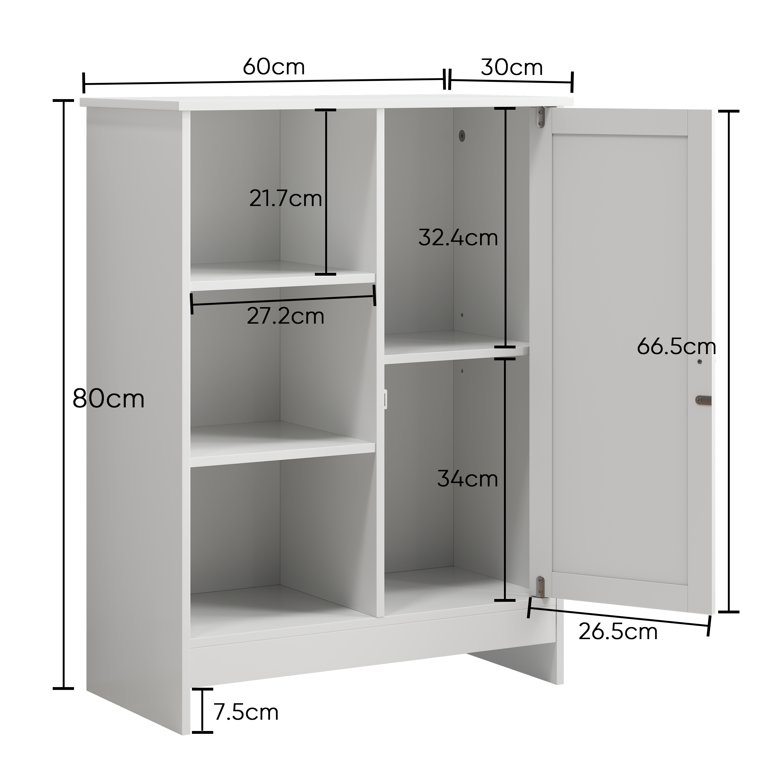 Bathroom cabinet freestanding storage rack 60 x 30 x 80 cm, floor storage with 1 cabinet, 3 open compartments, adjustable shelves, white