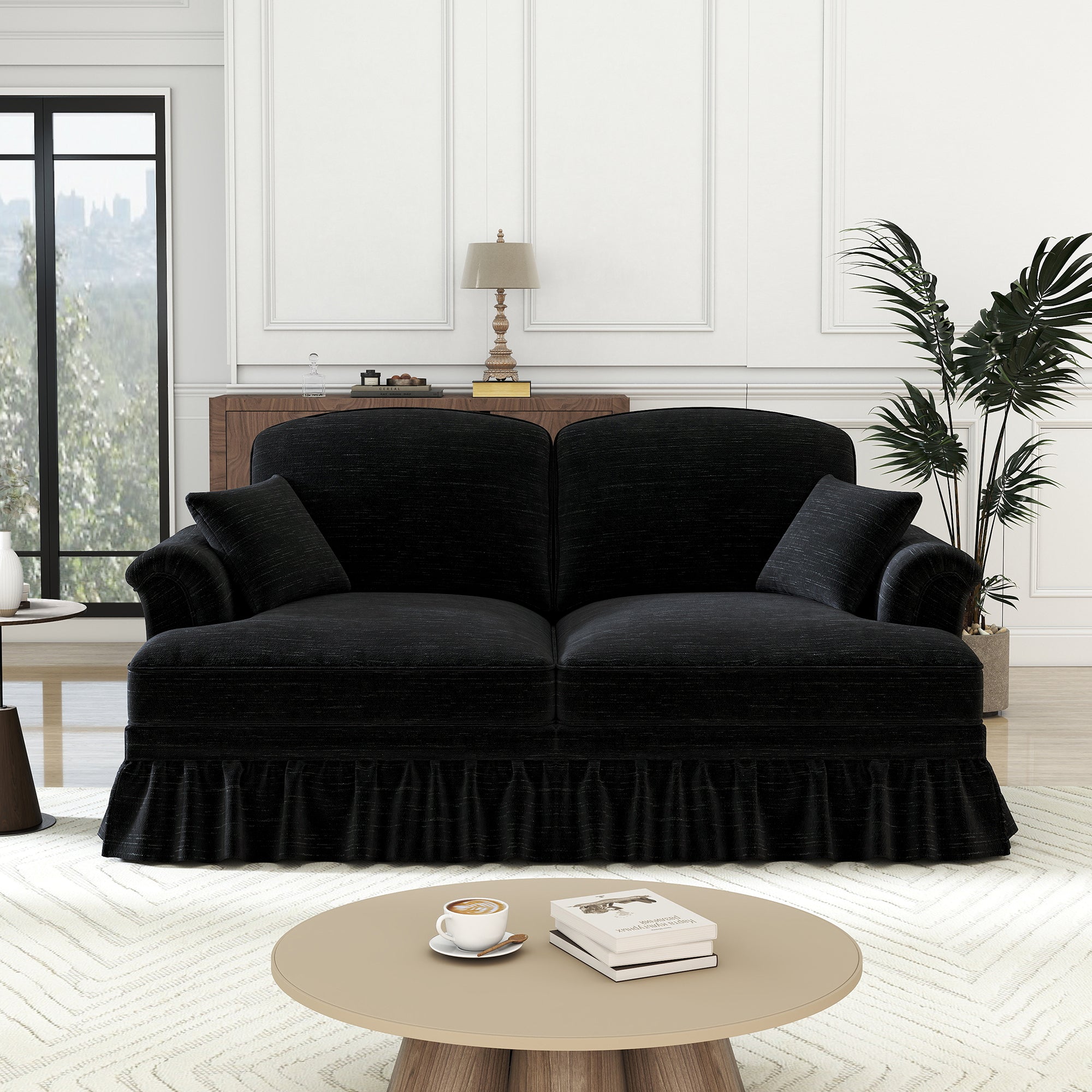 2-Seater Sofa, Medieval-Modern Style with Flared Armrests & Removable Valance, Black Chenille Fabric