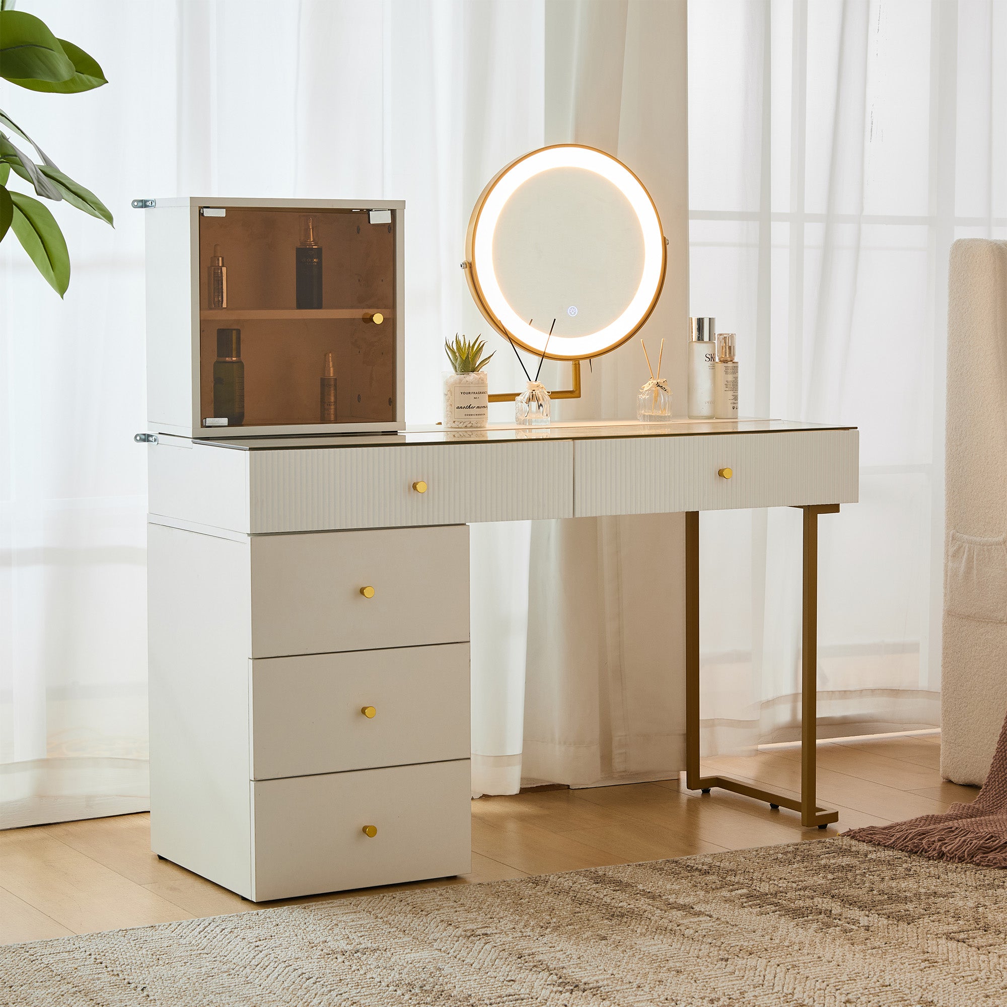 Dressing table set with LED-illuminated mirror, transparent tempered glass tabletop, side cabinet, white