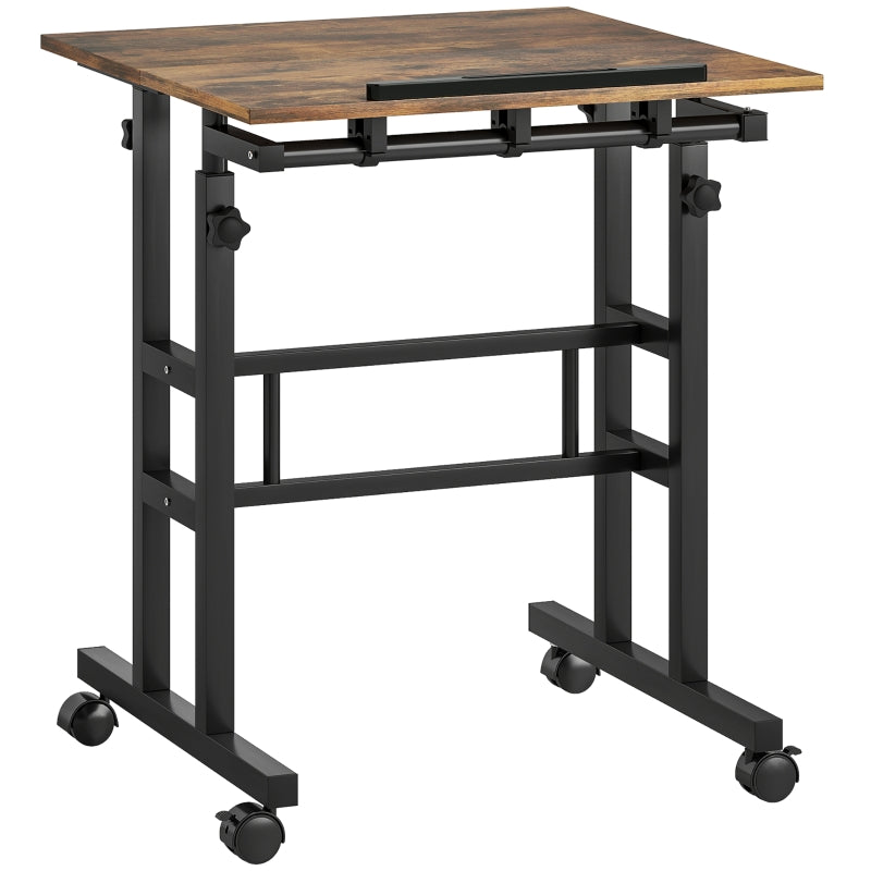 Height-Adjustable Desk/Kitchen Table with Shelf & Casters, Rustic Brown