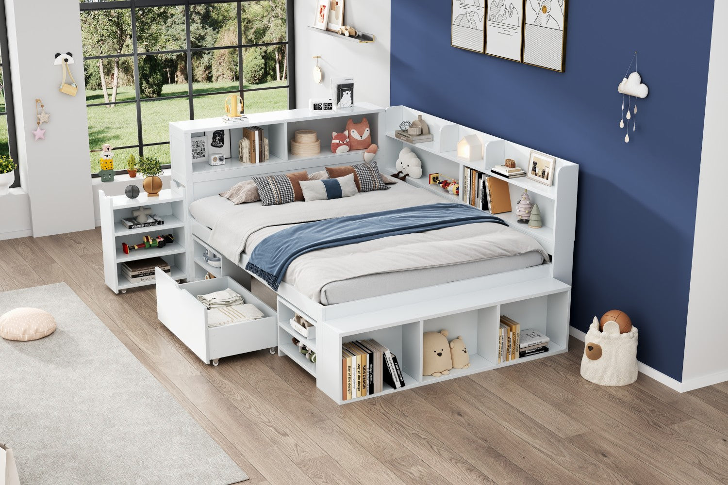 Children's Single Bed 140x200cm Storage Drawers Bookshelf White