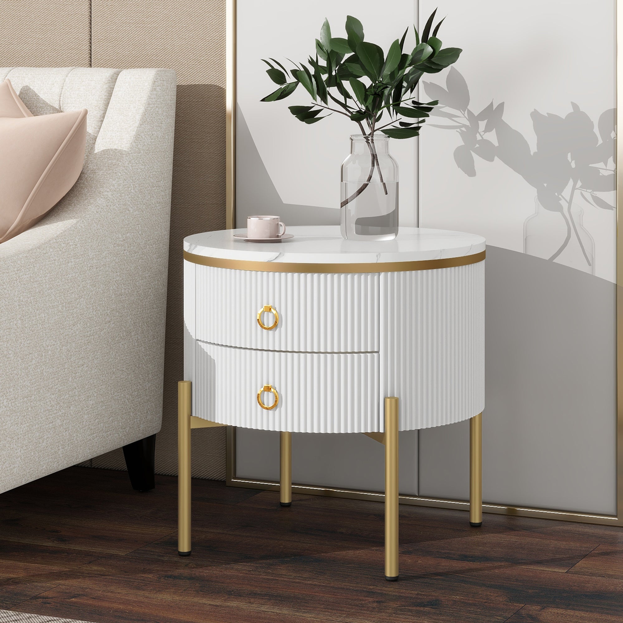 Side Table Coffee Table with Drawers, Adjustable, Gold Legs and Handles, Marble Texture