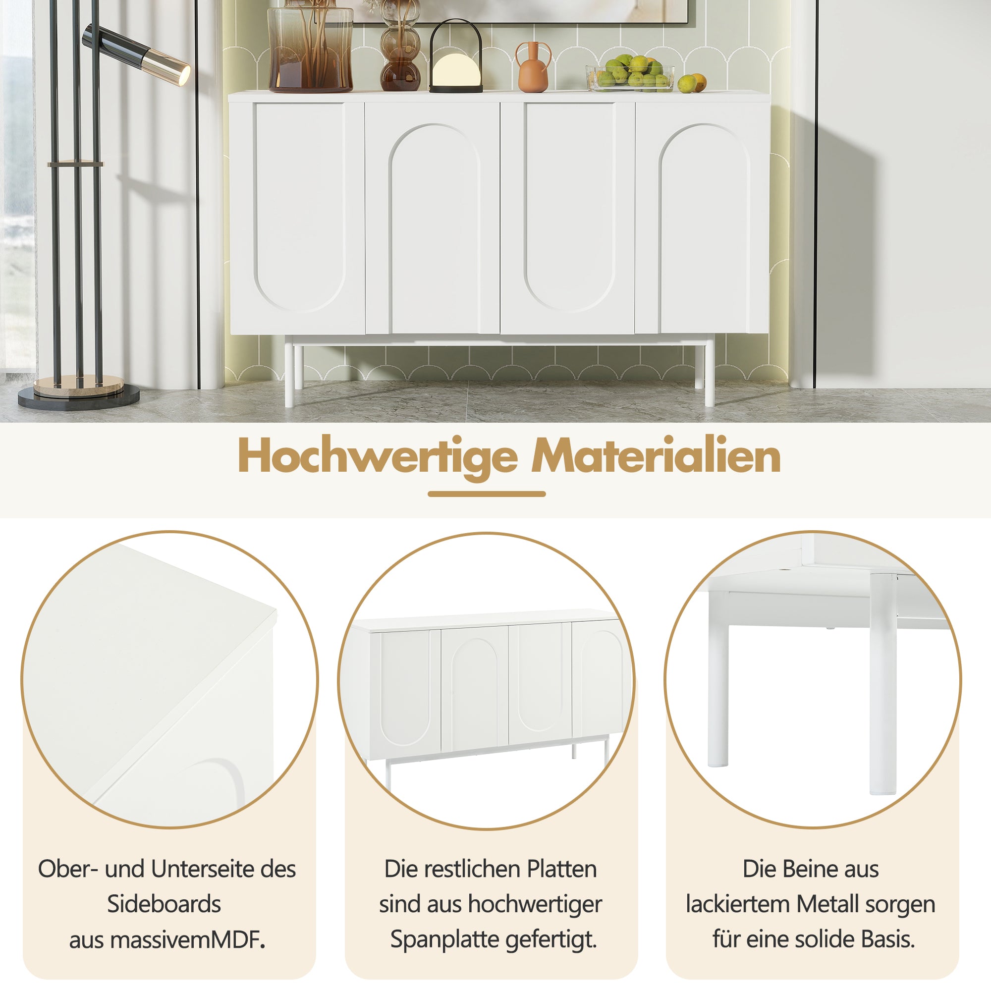 Sideboard, Minimalist Arched Pattern 4-Door, Pure White