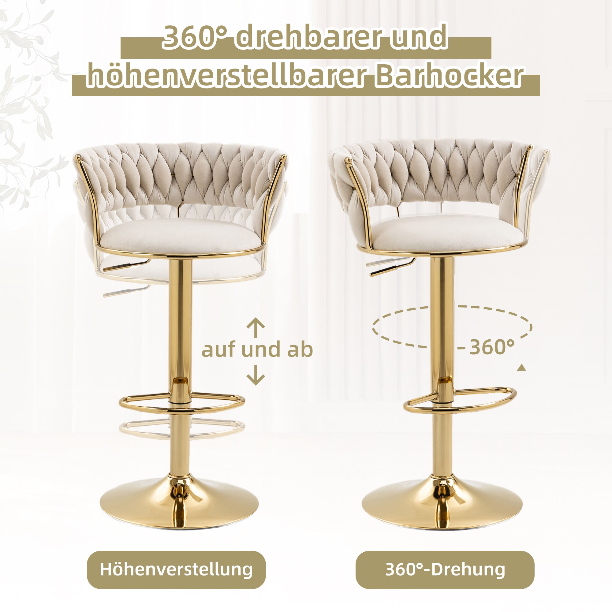 Velvet Swivel Bar Stool 2-Piece Set, Handcrafted Backrest, Adjustable Height, Upholstered