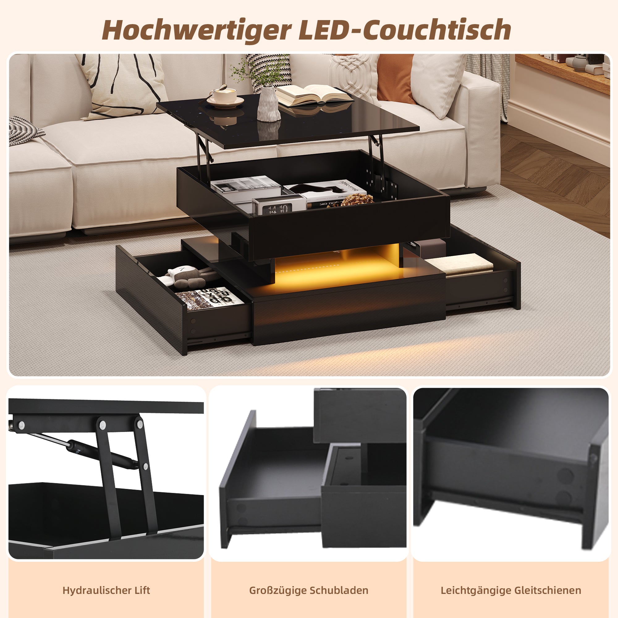Liftable Coffee Table, 65 x 65 x 38.5 cm, High-Gloss with LED Light Strip, 2 Drawers, Black