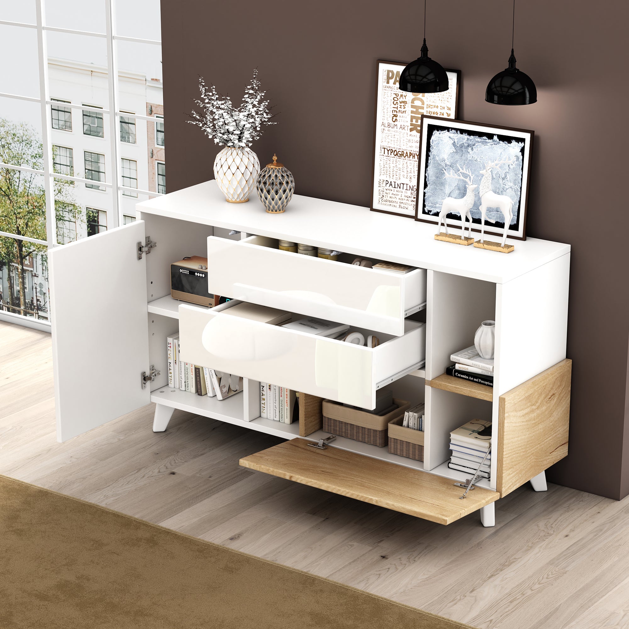 Sideboard, Storage, High-Gloss White Wood
