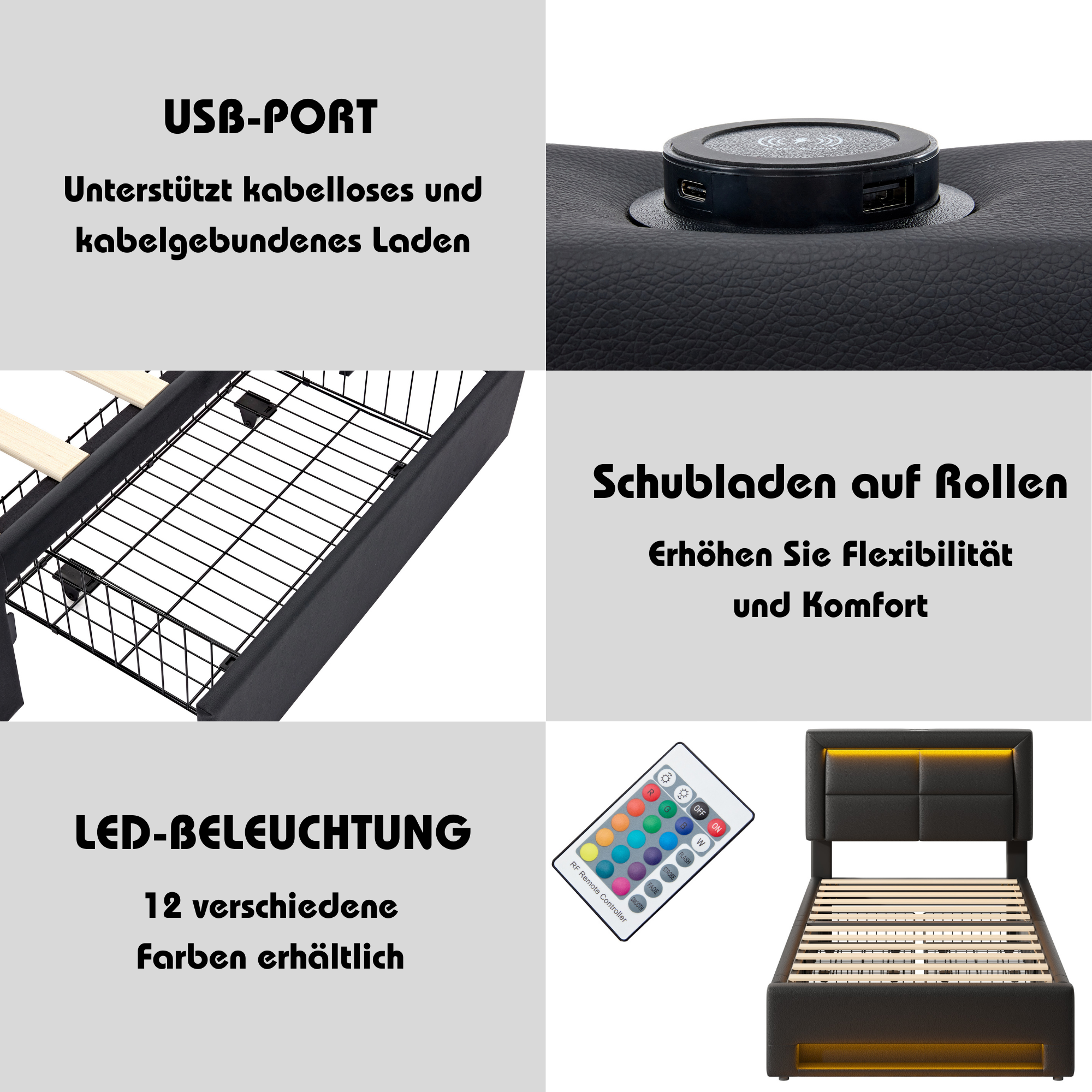 Upholstered Bed 90x190cm USB Charging LED Lighting 4 Drawers - PU Lychee Black