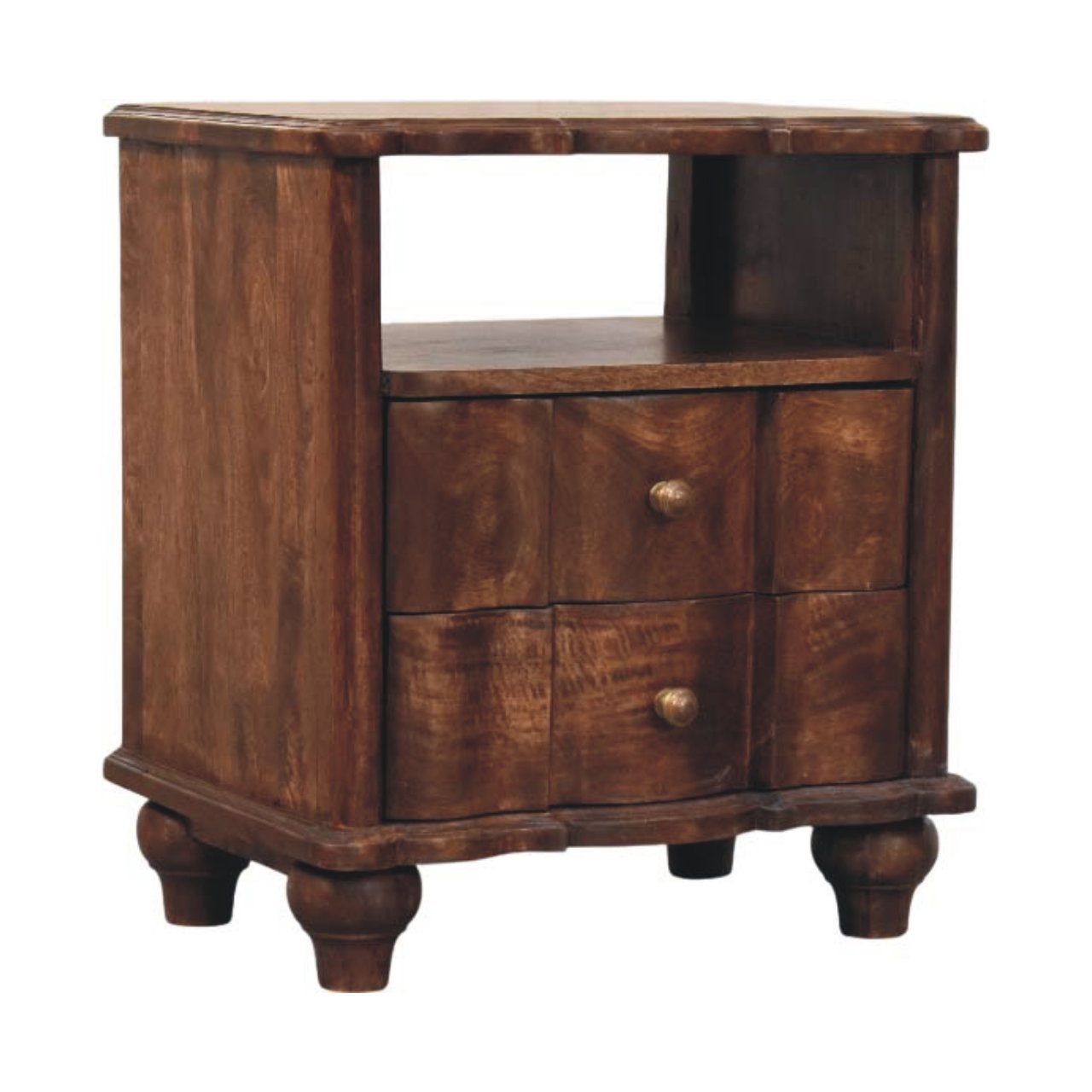 Nightstand 2-Drawer with Open Shelf, Solid Wood Brown