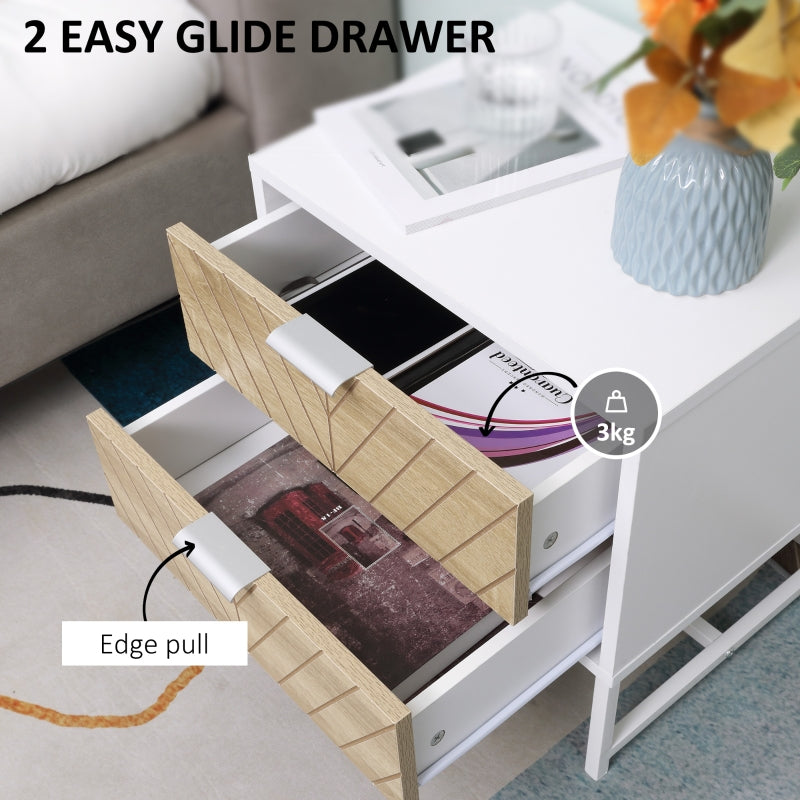 Modern Bedside Table with 2 Drawers, Sofa Side Table, White and Oak