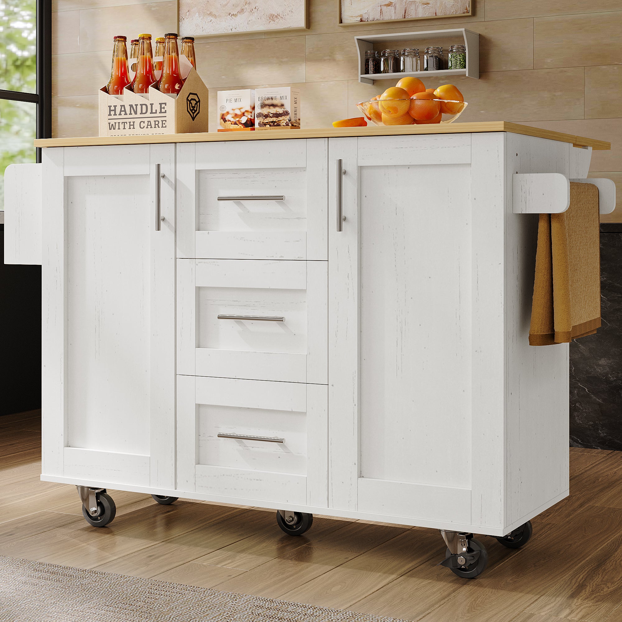 Kitchen Island Mobile Worktop Storage Removable Partitions - White