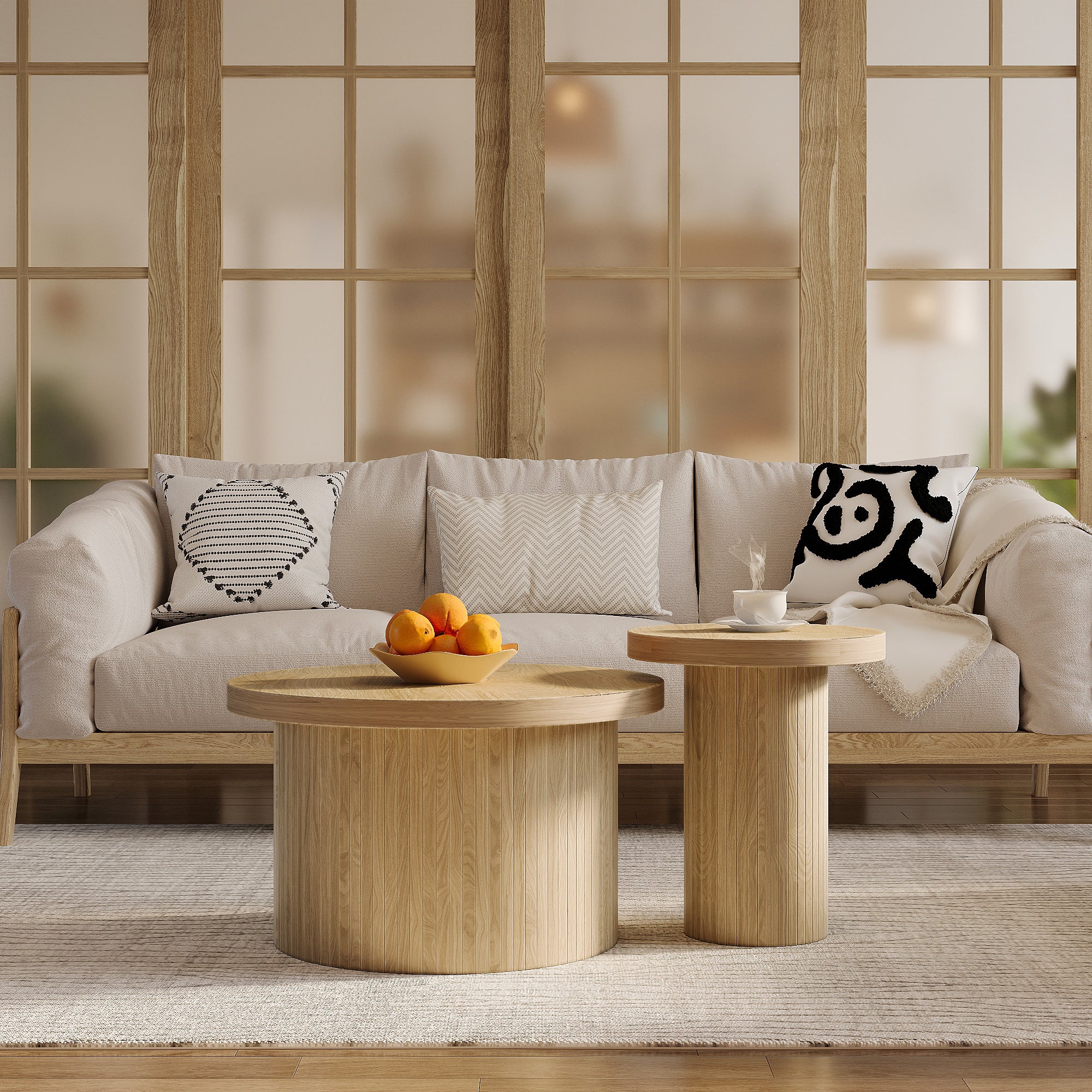 Coffee Table, Double Round Side Table, Natural Wood