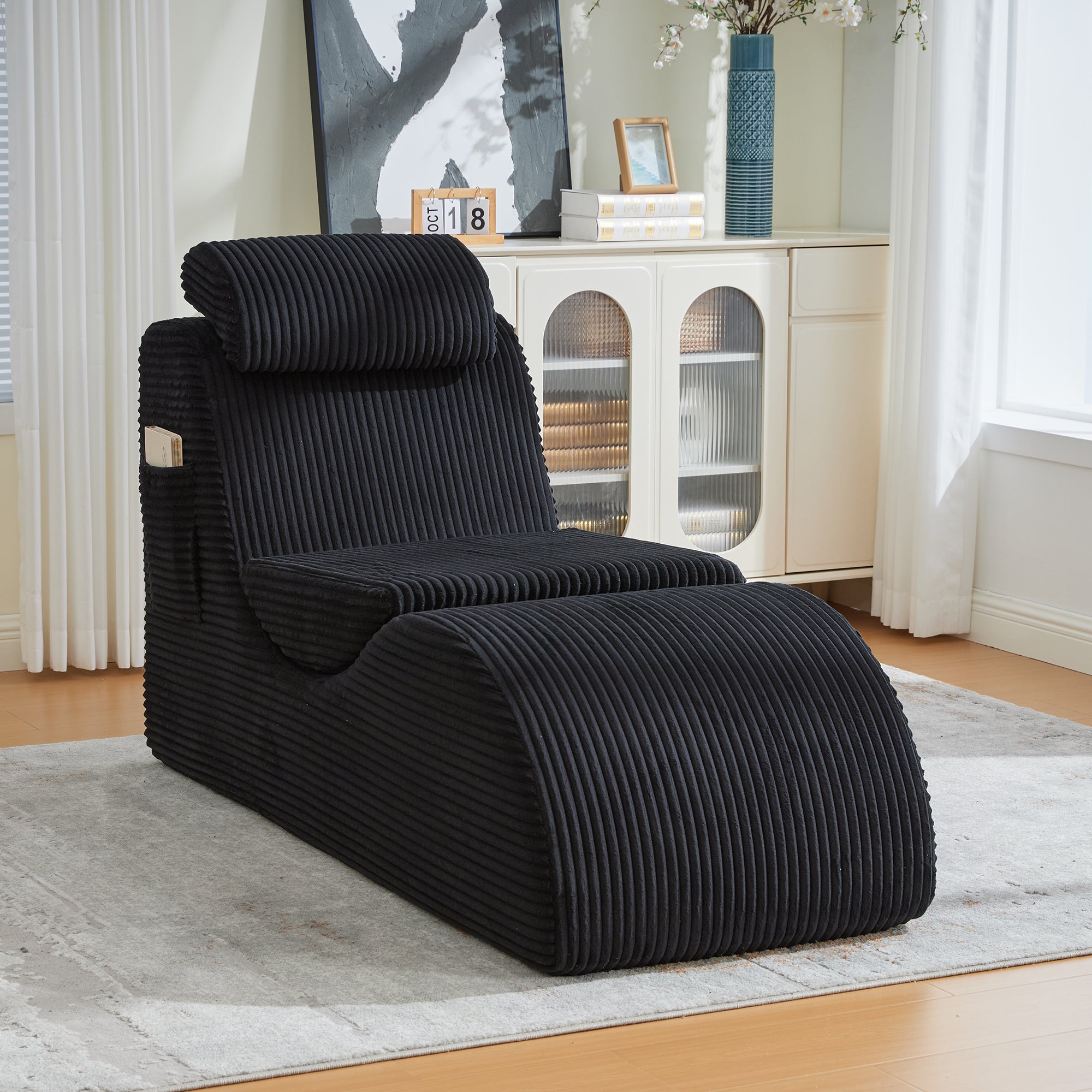 Modern Leisure Chair with Ergonomic Compression Foam and Side Pocket, Black