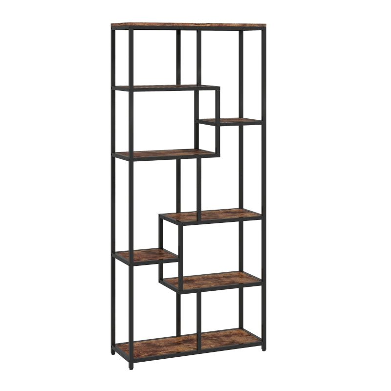 Seven-Tier Geometric Bookcase Asymmetrical Storage Metal Frame, Brown/Black Engineered Wood