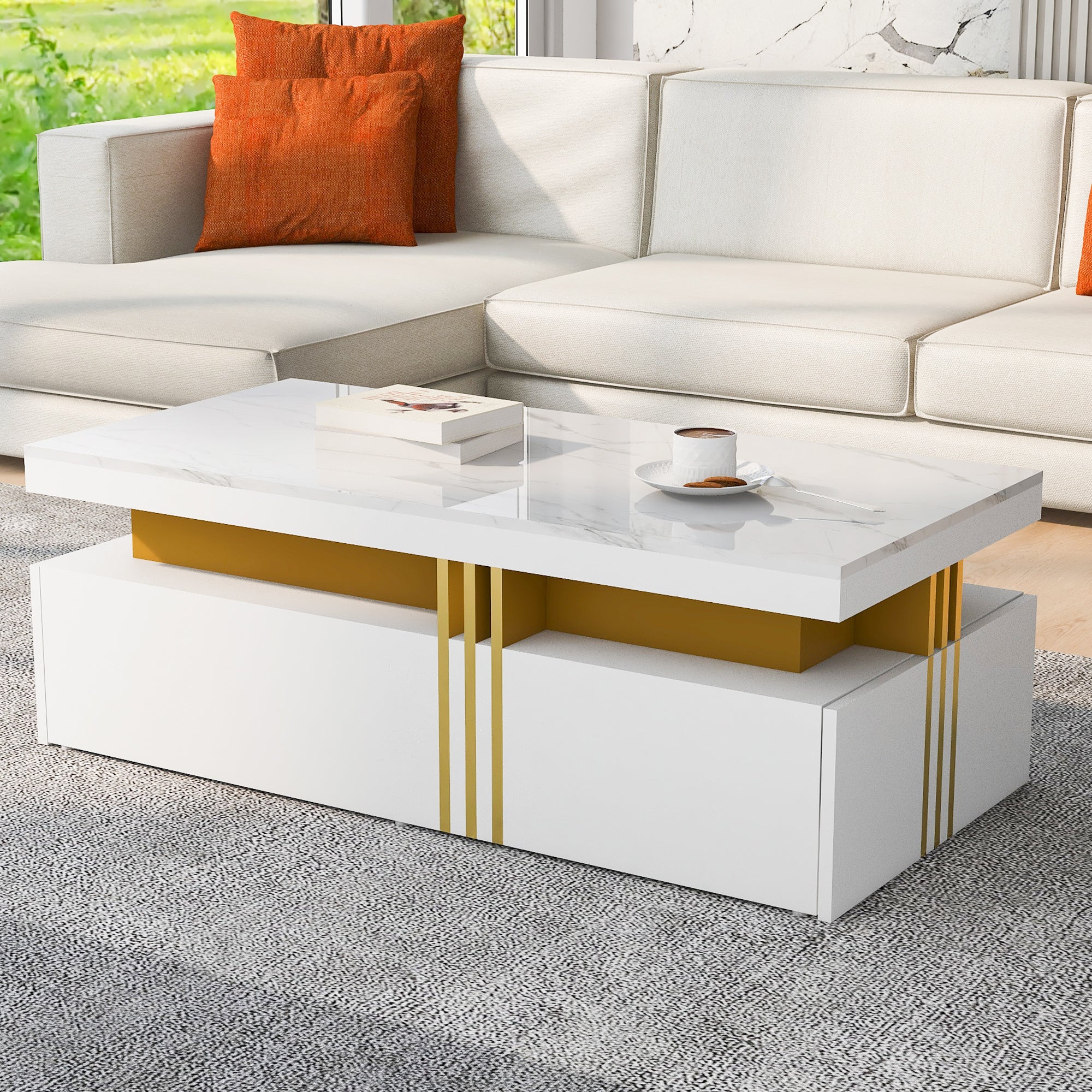 Modern rectangular coffee table with high gloss top and 2 wooden drawers, marble tabletop