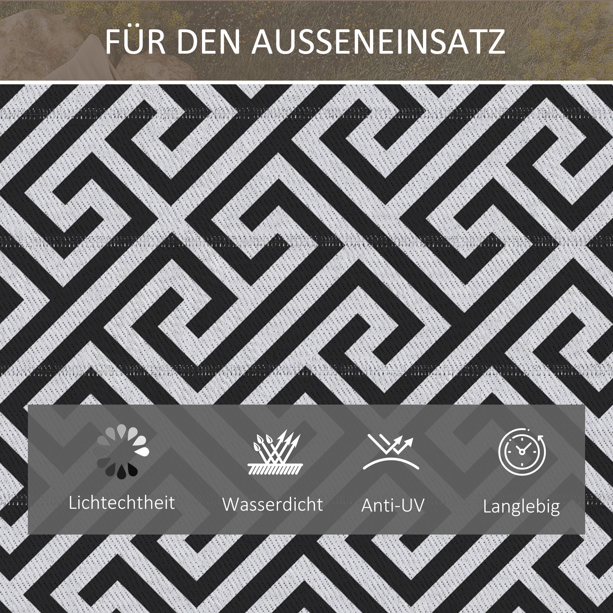 Outdoor Rug, Water-Repellent Double-Sided, Black and White