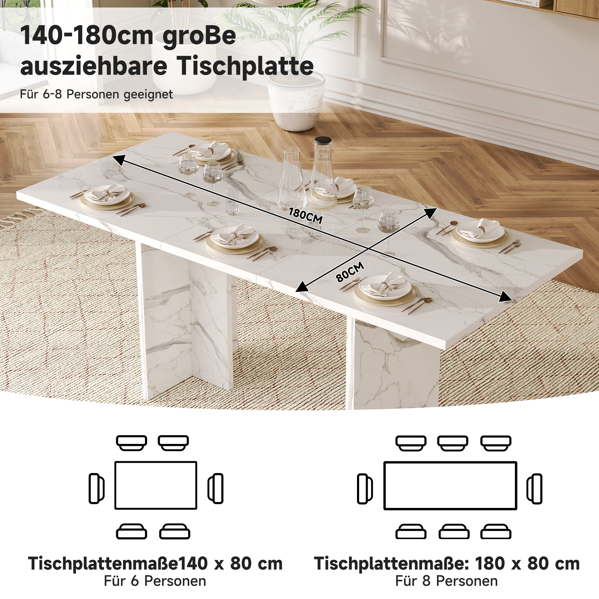 Extendable Dining Table 140/180x80cm Rectangular 6-8 Seater - White Marble