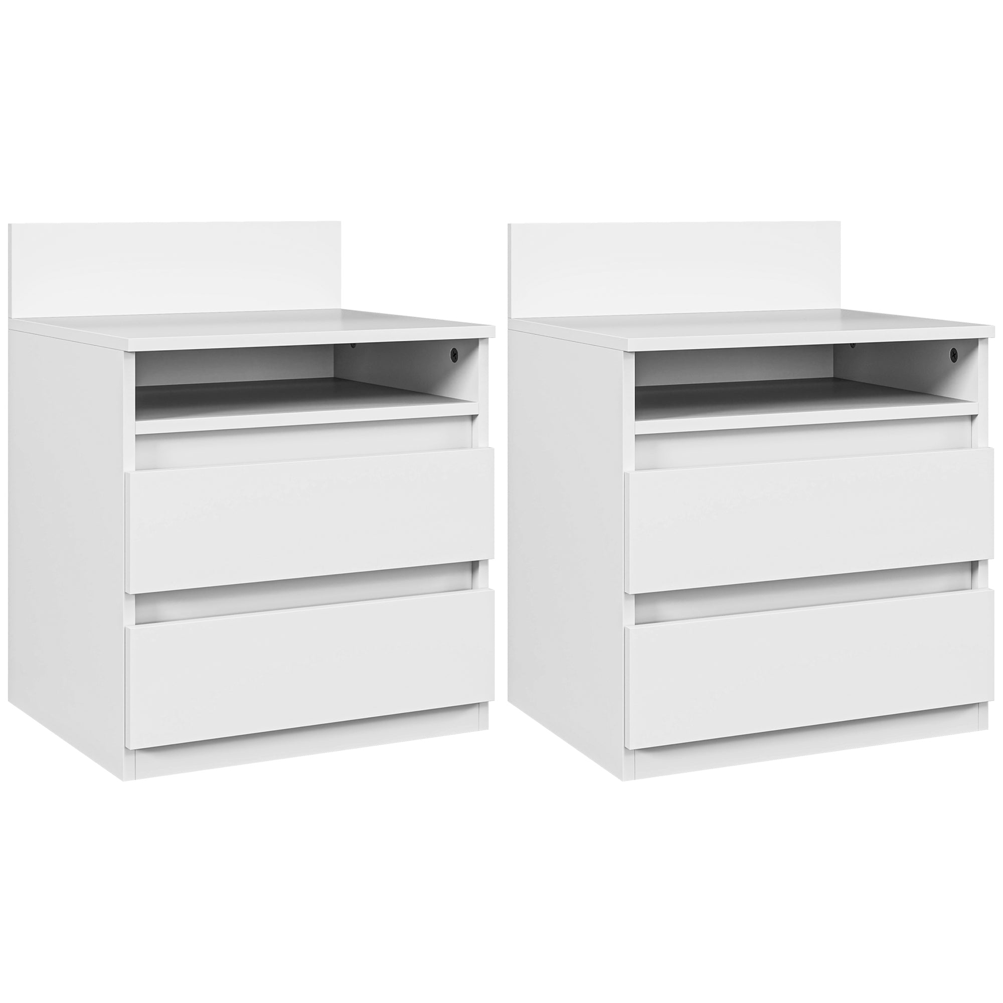 Set of 2 Bedside Tables, 2 Drawers, Nightstand with Shelf, White
