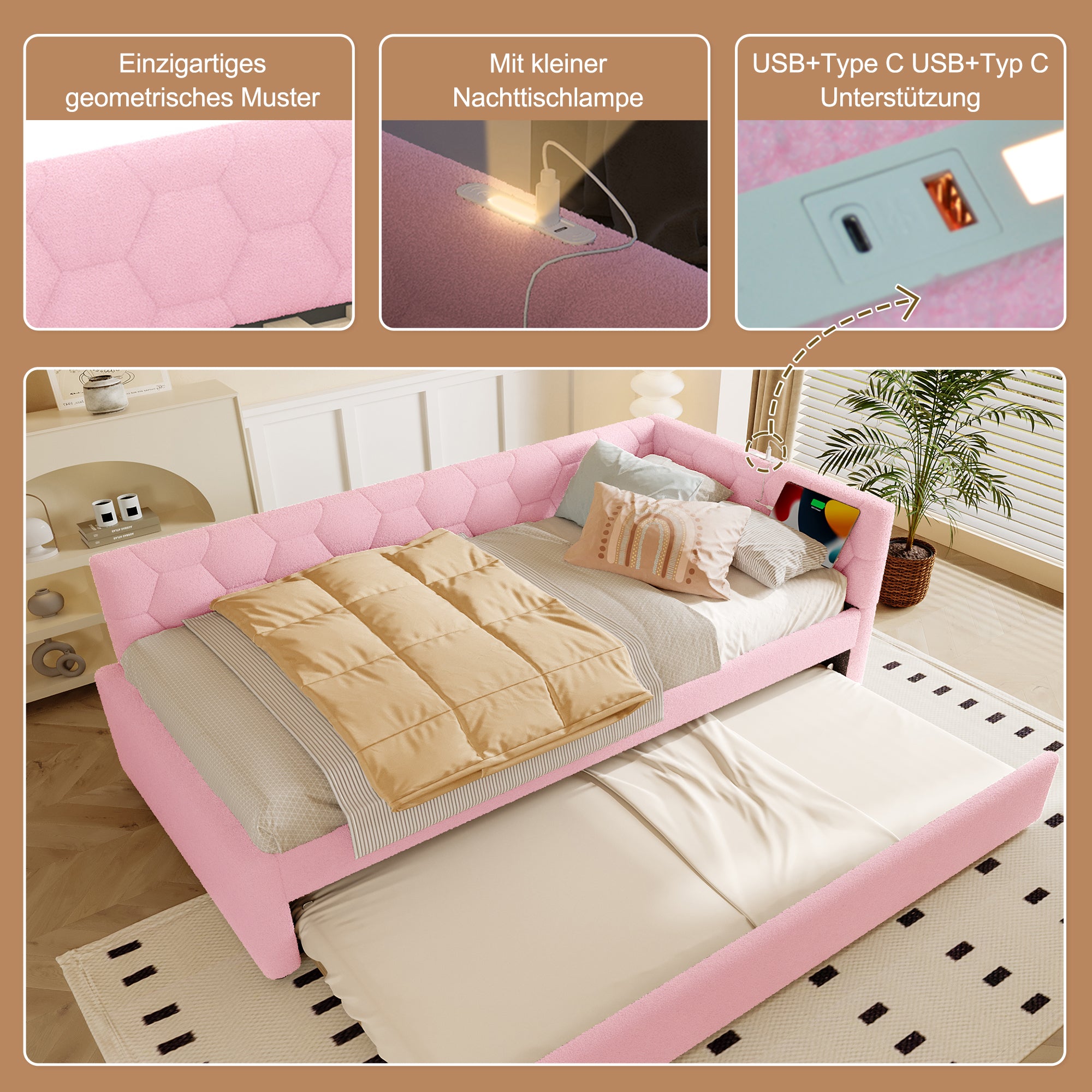 Daybed Sofa Bed 90x200cm Pull-Out Bed Bedside Lamp USB/Type-C Pink Fleece Imitation