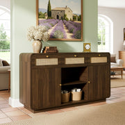Chest of drawers/sideboard, 3 Drawers 2 Cabinets Rattan Gold Handles, 120cm Walnut