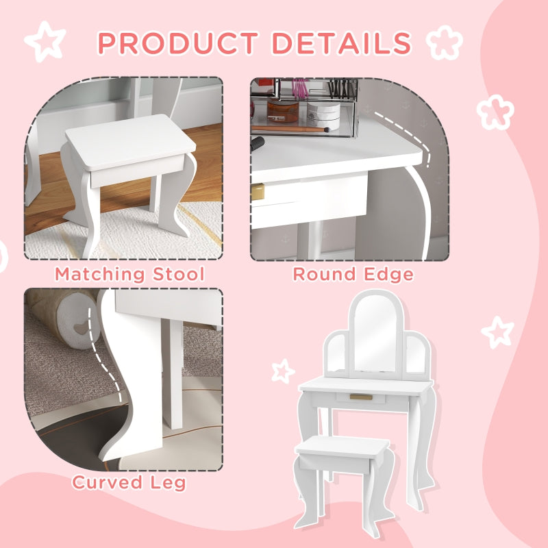 Kids Dressing Table Set, Mirror and Drawer - White