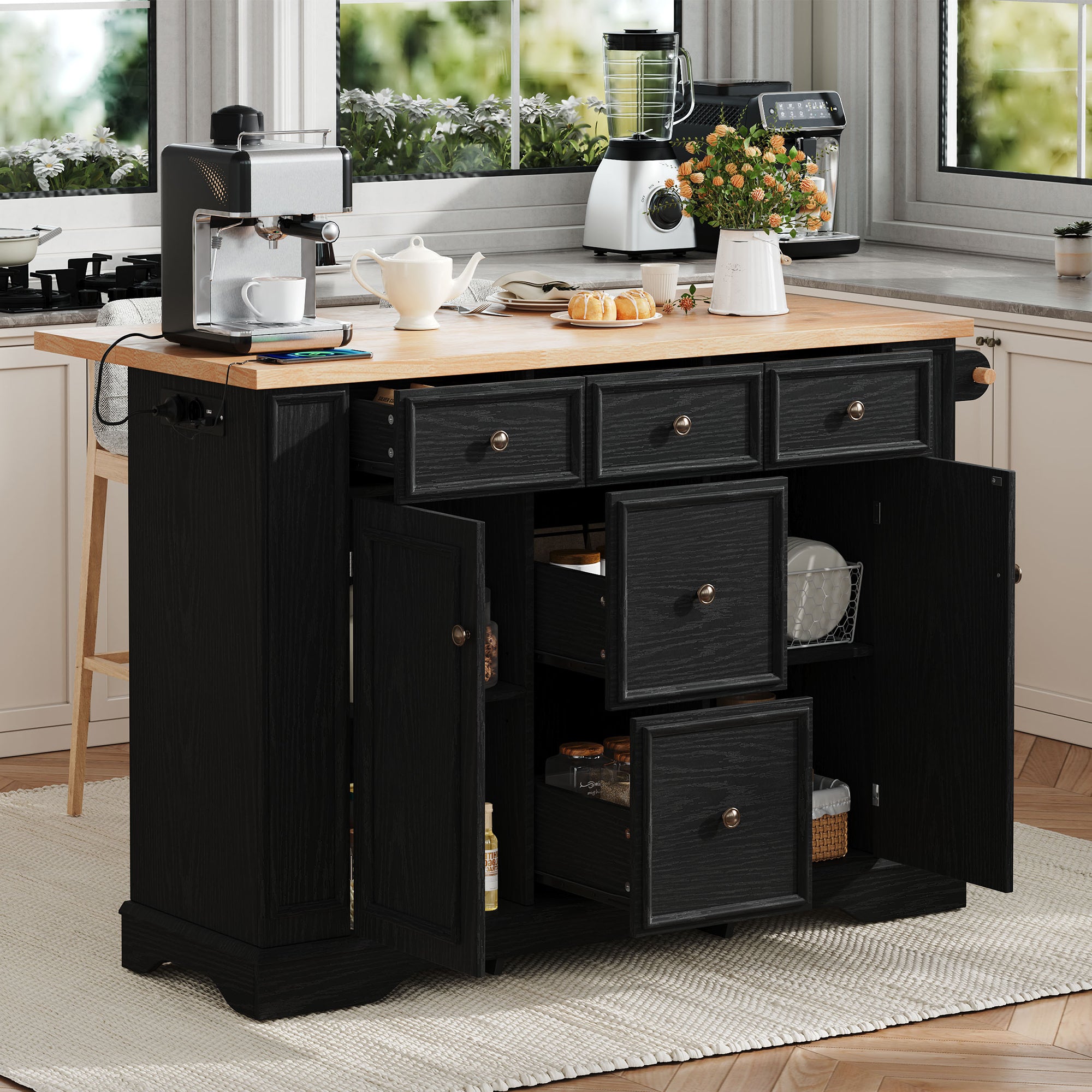 Extendable Kitchen Island with Drawers, Shelves & Power Strips - Black