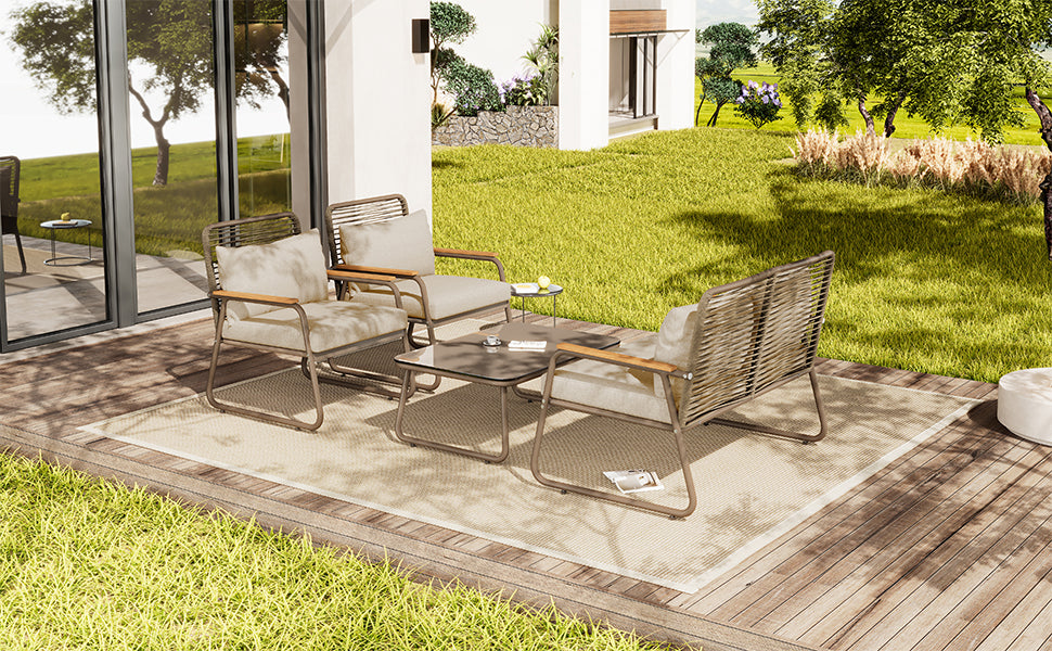 Garden Lounge Set 4 Person Sofa Table Adjustable Legs Tempered Glass - Beige