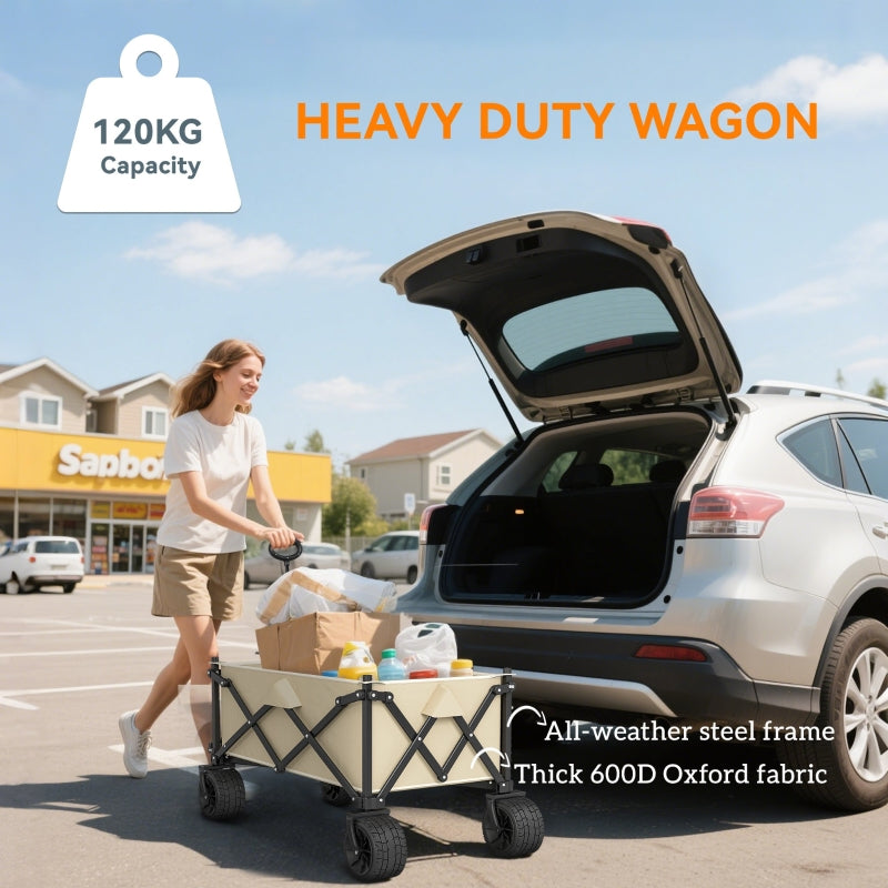 Folding Garden Trolley Wagon Cart 120KG Capacity, Khaki