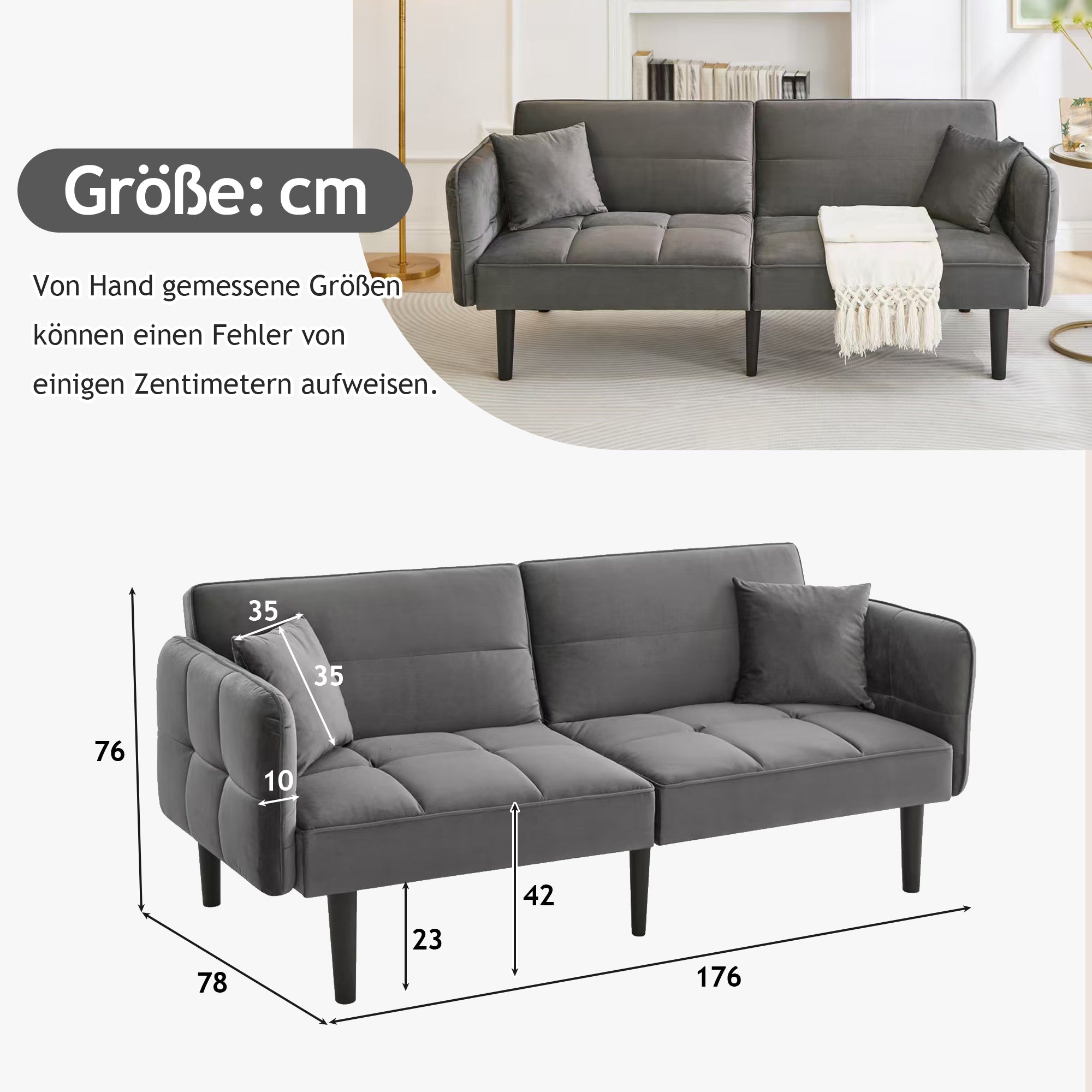 2-in-1 Sofa Bed, Two-seater Folding Armrests Sleeper, Velvet