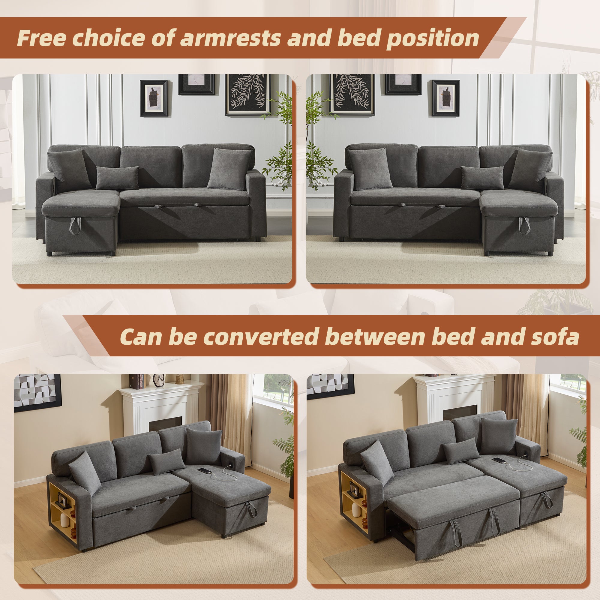 Corner Sofa Bed L-Shaped Extendable with Storage, Dark Grey