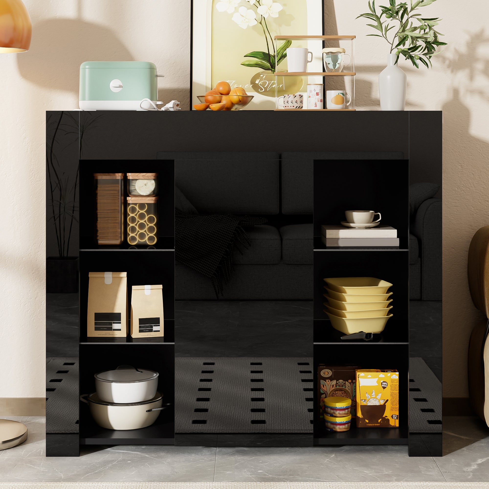 Buffet Cabinet, Compact Storage with Glass Shelves and Door, Black High-Gloss