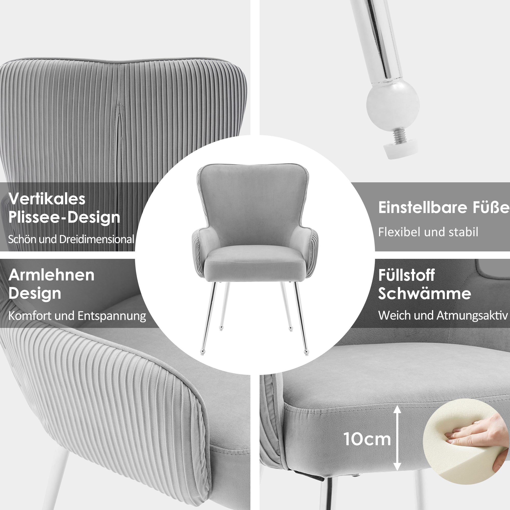 Velvet Dining Chair, Set of 2, Silver Metal Legs, Armrests, Lumbar Support, Grey